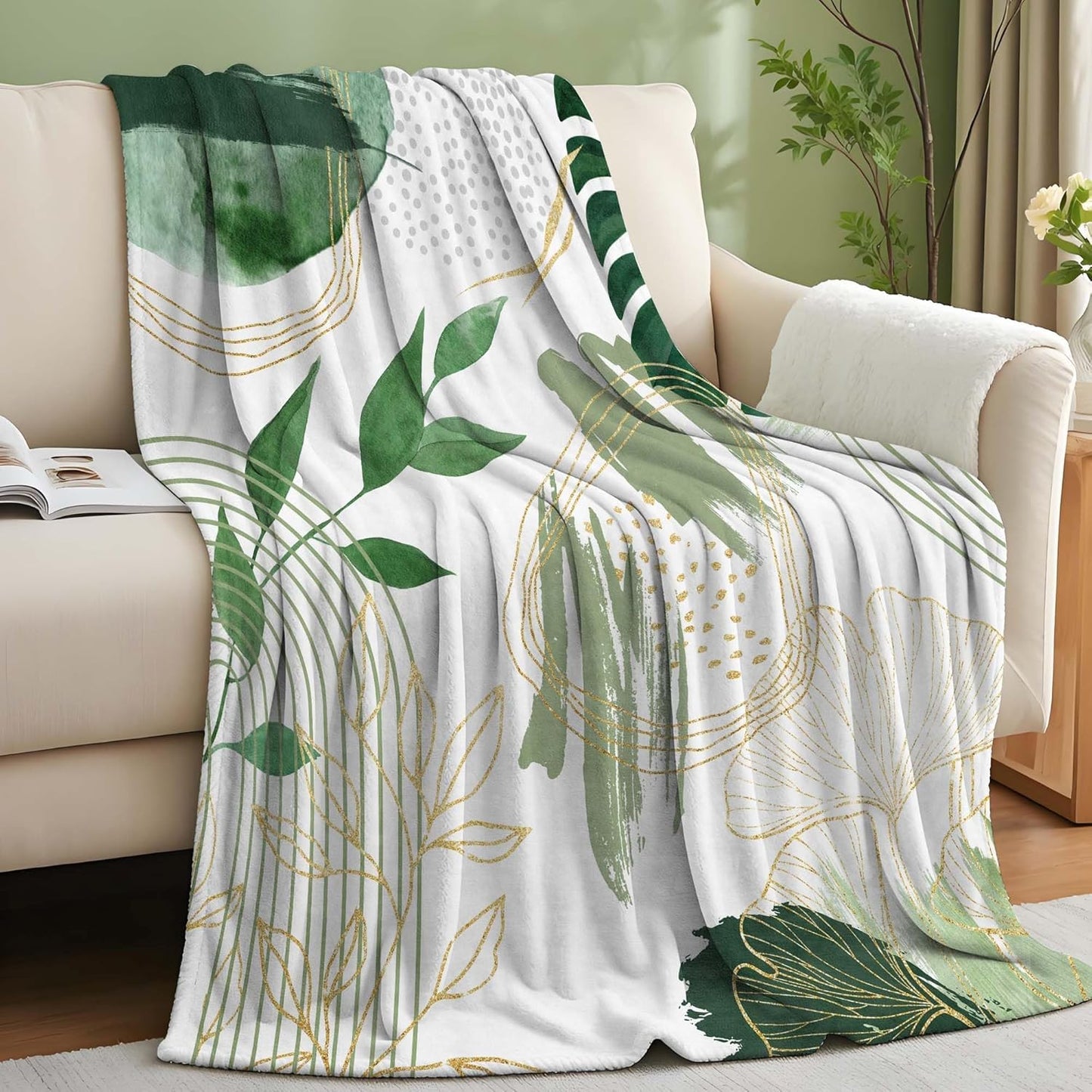 Sage Green Leaf Twin Blanket Mid-Century Green and Gold Boho Flannel Blankets for Bed Living Room Sofa, Decorative Patterned Super Soft Cozy, 60x80 in