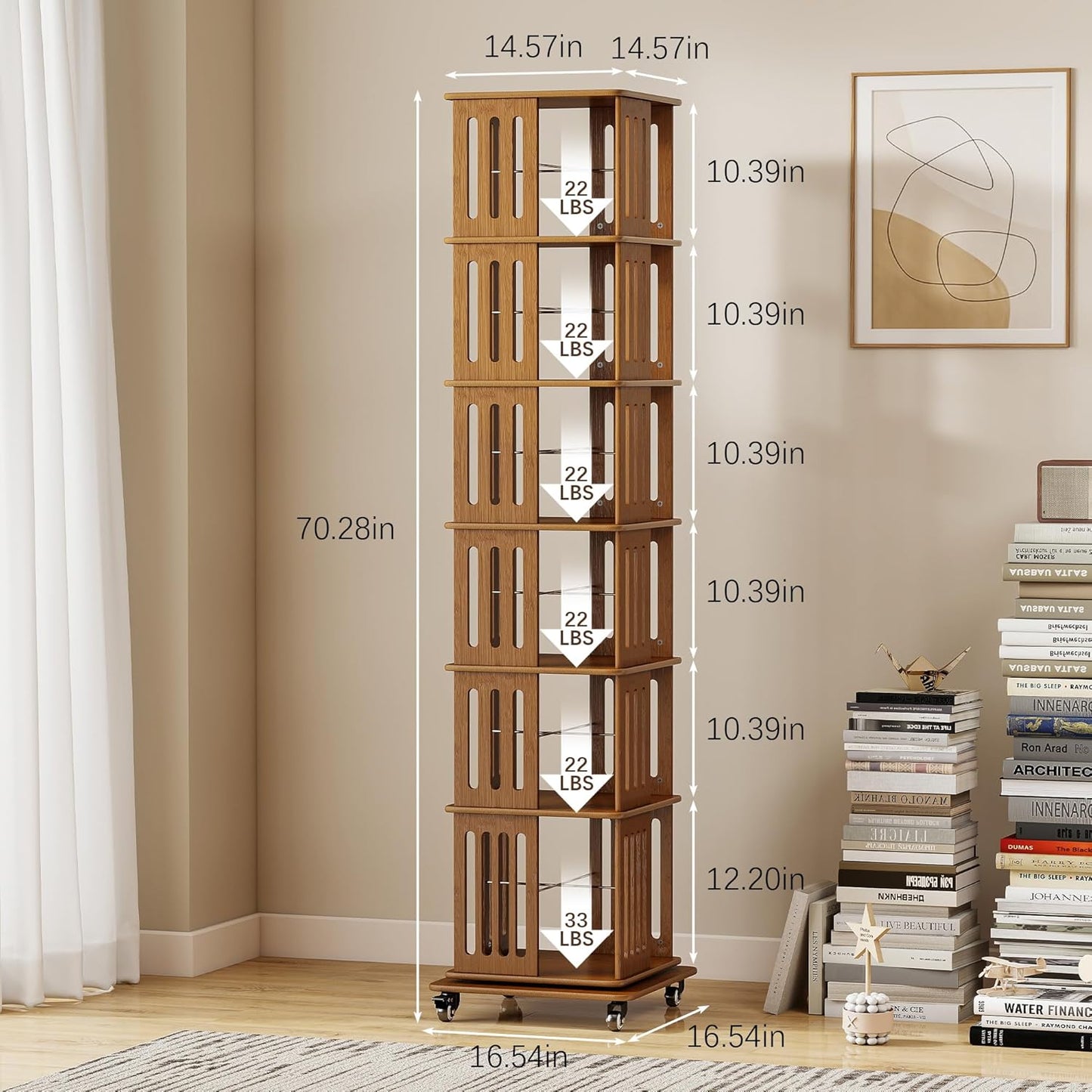 6 Tier Rotating Bookshelf Tower on Wheels, Wood Spinning Bookcase, Bamboo Revolving Book Shelf, Narrow Bookshelves for Small Space, Corner, Bedroom, and Living Room - Walnut