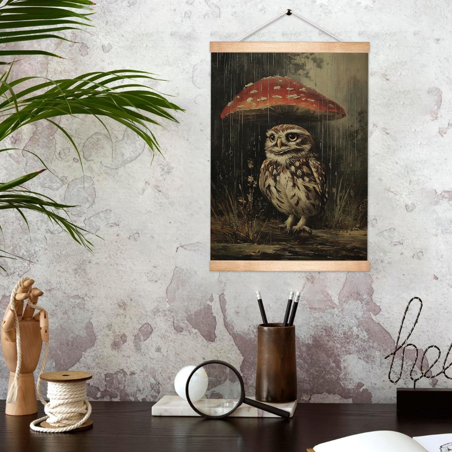 HEYJEEPER Owl and Mushroom Wall Art,14x18inch Gothic Animal Canvas Poster with Wood Hanger,Vintage Owl Home Wall Decor for Bedroom,Living Room,Gothic Lovers Gift