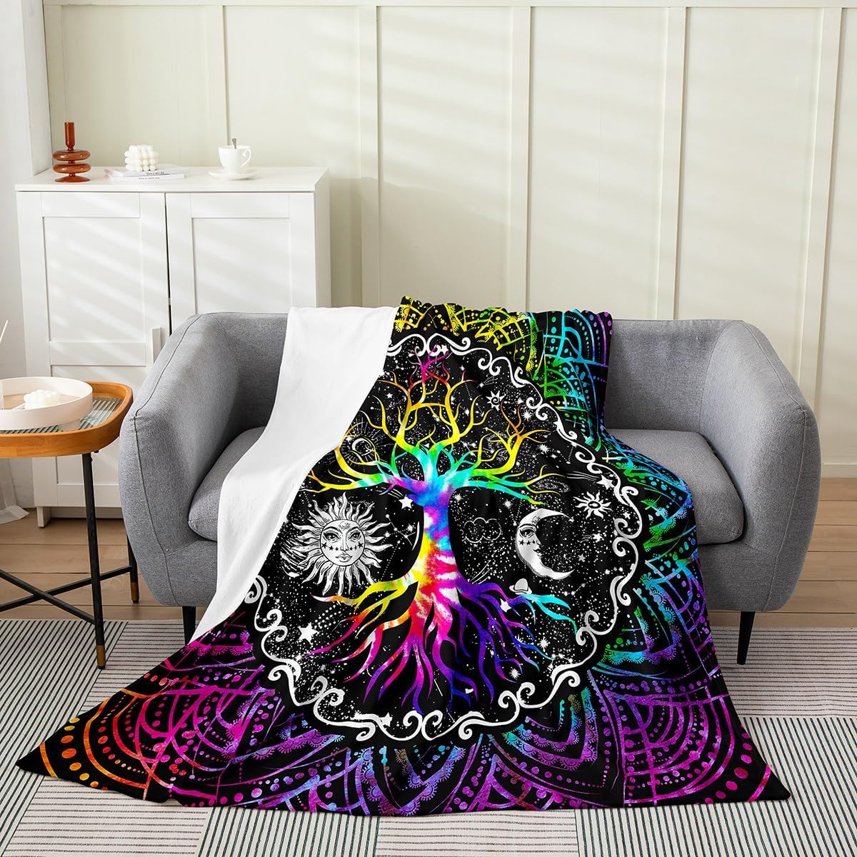 Erosebridal Sun and Moon Blanket Queen 90x90,Black and White Throw Blanket for Kids Boys Girls,Psychedelic Tree of Life Fleece Blanket,Galaxy Stars Mandala Tribal Flannel Blanket All Season