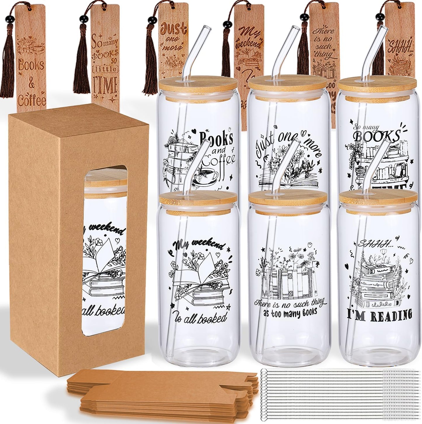 Book Club Gifts Bulk For Book Lovers Bookworms Nerd Readers Friend Men Or Women,Valentines Day Gifts 6 PCS Book Theme 16 OZ Glass Cups,Wooden Bookmark With Box,Cool Book Stuff Appreciation Basket