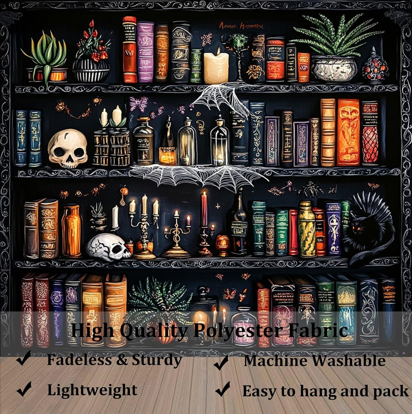 Algasan Magic Bookshelf Tapestry Magical Book Tapestry Gothic Witchy Vintage Library Skull Potion Black Cat Candle Botanical Backdrop for Bedroom Living Room Dorm 78.7 x 59.1 Inches