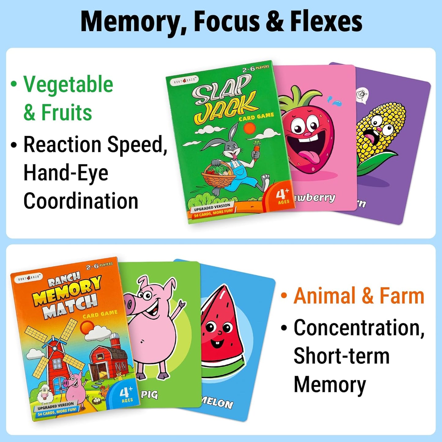 Upgraded Kids Card Games Pack, 6 Decks, Go Fish, Old Maid, Crazy Eights, Memory Match, Slap Jack, War, Playing Cards, Easter Basket Stuffers, Stocking Stuffers