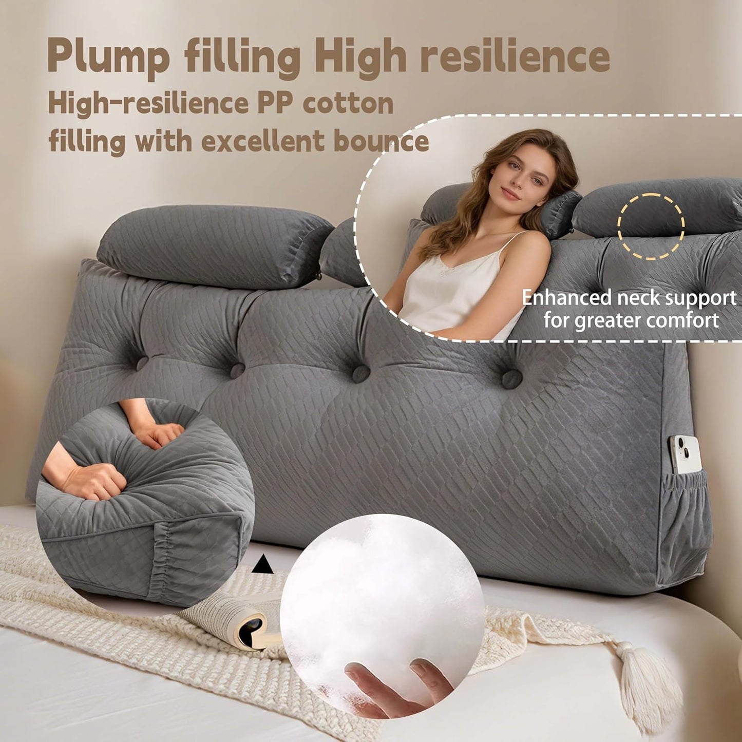 Headboard Pillow for Bed, Triangular Wedge Pillow Headboard, Reading Pillow with a Roll Pillow&Side Pockets, for Neck Lumbar Support, with Removabl fo Bed Dorm Sofa (Grey,Full 54in)