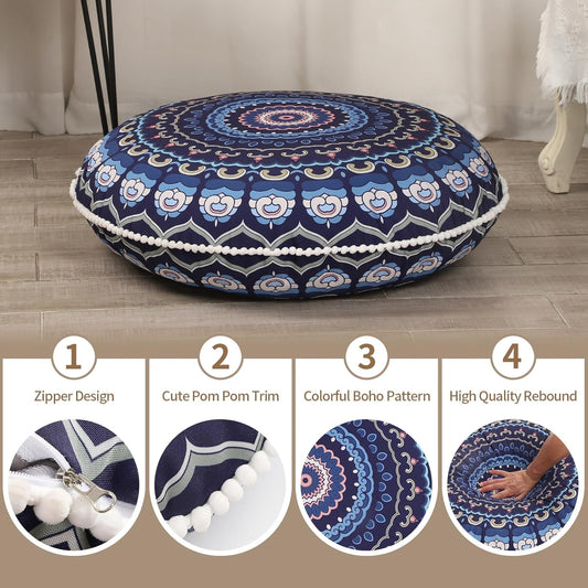 32 inches Meditation Floor Cushion for Adults, 2 Pack Round Large Thick Floor Pillow, Memory Foam Filling, Navy Blue