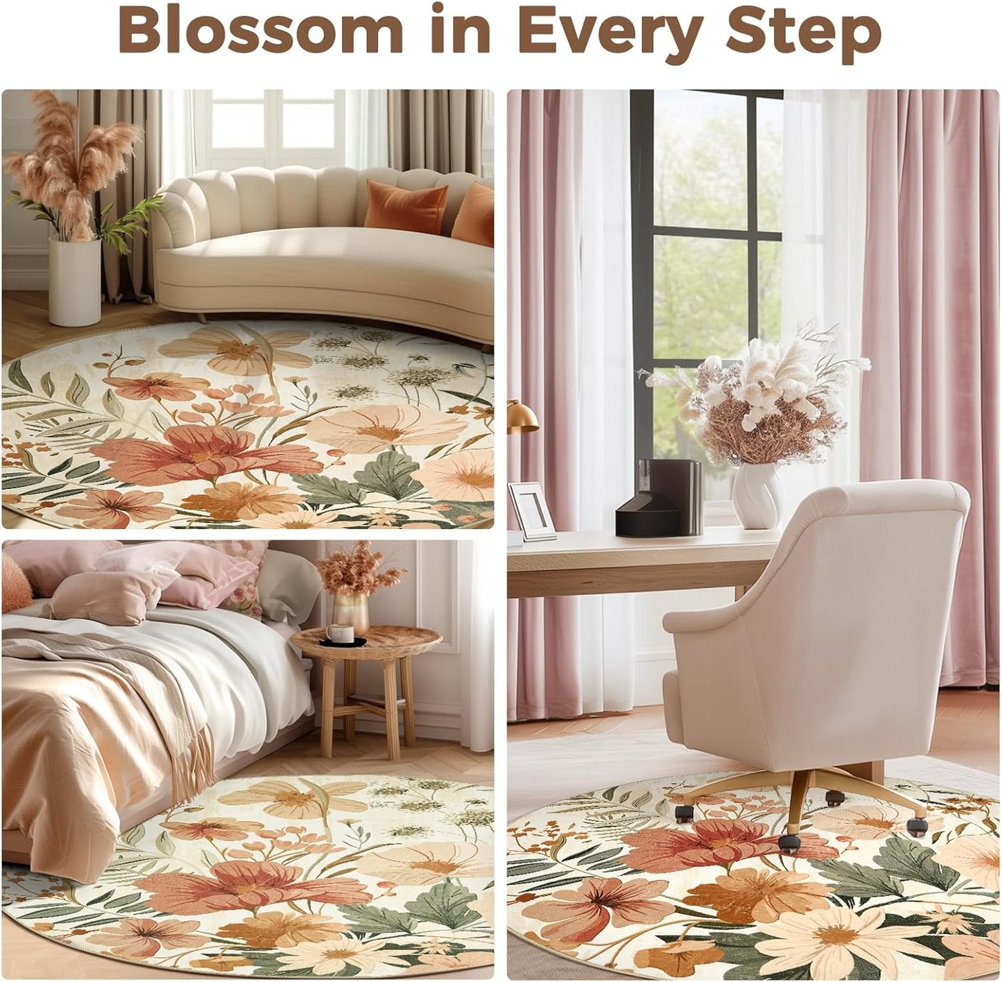 jinchan Renouveau Floral Round Rug 4ft Area Rug Indoor Circle 4' Round Washable Modern Oriental Flower Print Non Slip Carpet for Living Room Dining Room Bedroom Entryway Office Decor Pink/Grey