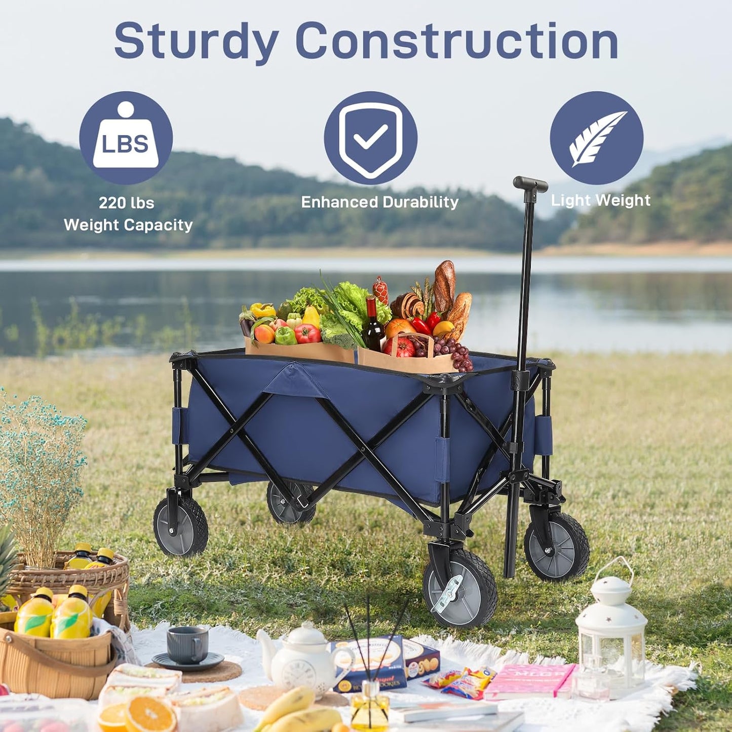 Collapsible Wagon, Beach with Big Wheels for Sand, Grocery Wagon All-Terrain Wheels Garden Grocery for Shopping, Park Picnic, Camping, Beach Trip