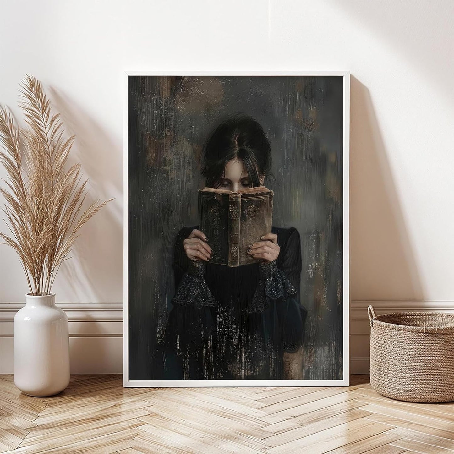 Dark Academia Canvas Wall Art Gothic Victorian Woman Reading Magic Book Poster Print Antique Oil Painting Canvas Print Book Lover Gift Bedroom Gallery Wall Decor 12x16 Incth Unframed