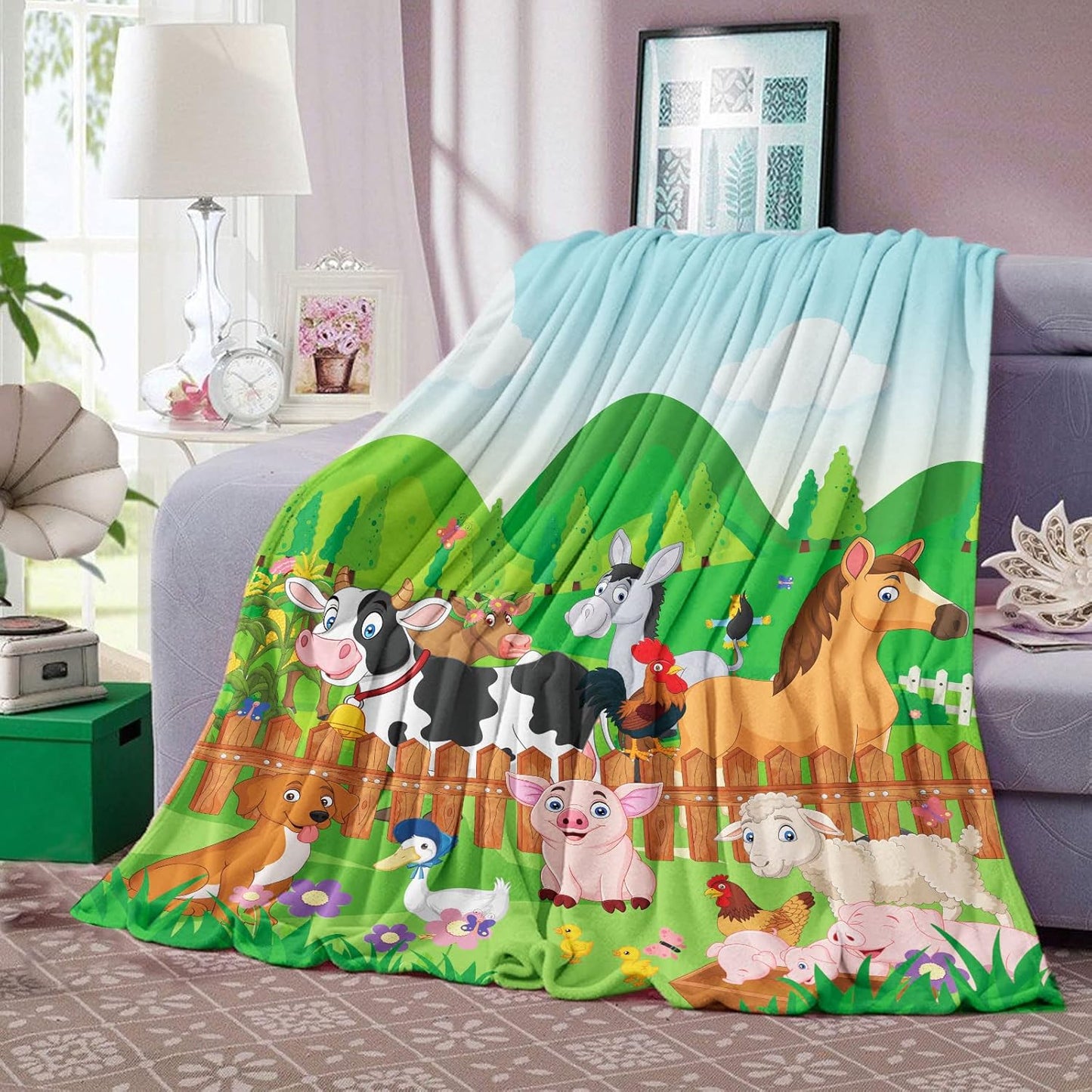 Farm Animal Throw Blanket, Cute Farm Animal Blanket for Kids, Soft Cozy Flannel Farm Dog Pig Lamb Hen Horse Cow Blankets, Fluffy Fleece Cartoon Animal Blanket for Teenagers Girl Boy Gifts, 50x60 Inch