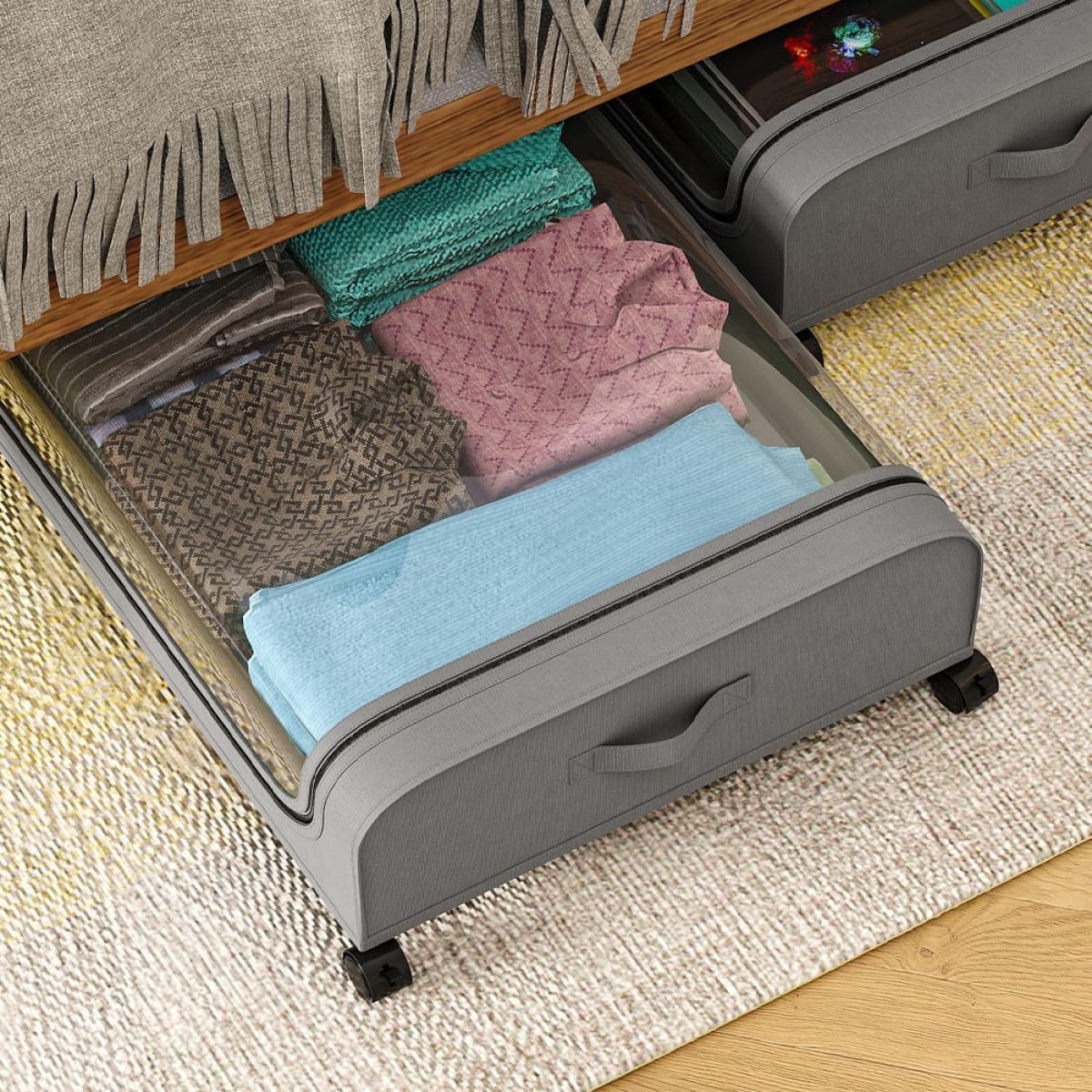 PRETYZOOM Bed Storage Cart with Wheels and Lid Gray Plastic Underbed Storage Box for Clothes and Bedding Organizer
