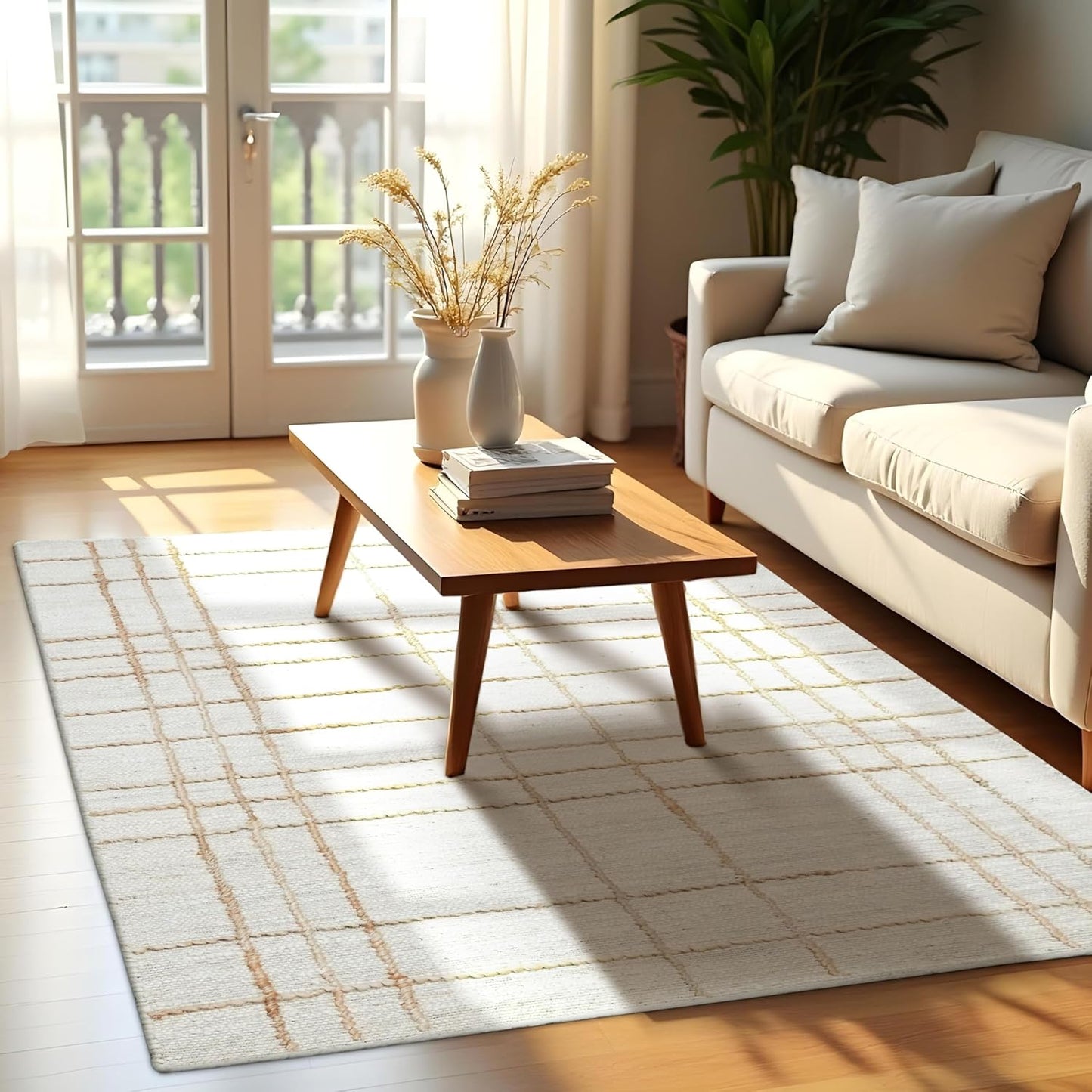 Homespice Faye Checkered Area Rug 4×6' - Jute Hand Woven Rugs for Living Room and Bedroom, Ideal for Scandinavian & Farmhouse Home Decor - Rectangular White and Brown Design with Cotton Backing