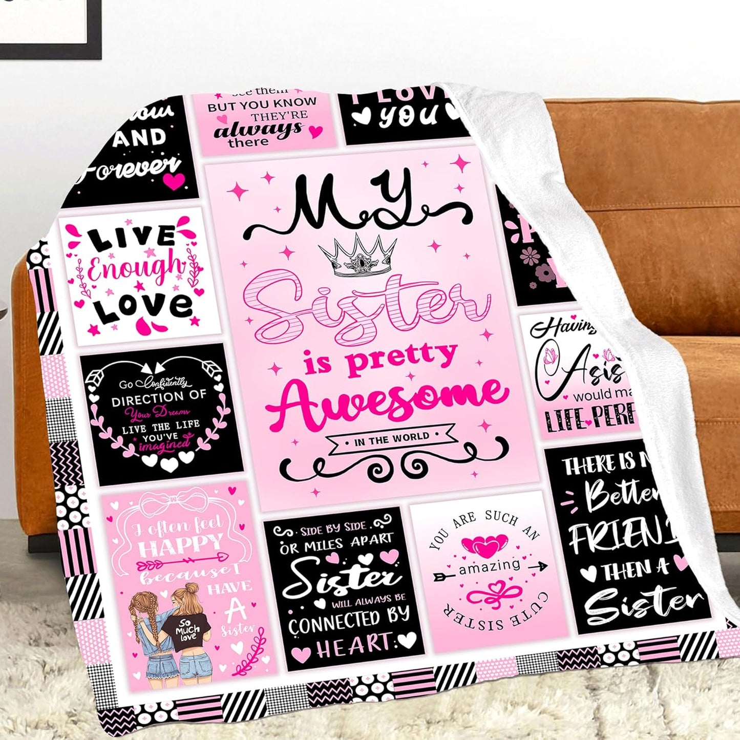 Sisters Gifts from Sister, Super Soft Unique Pink Sisters Blanket Gift for Little Girls, Christmas Birthday Gifts for Sister, Warm Cozy Fuzzy Plush Fleece Flannel Blanket 60"x50" for Couch Bedding
