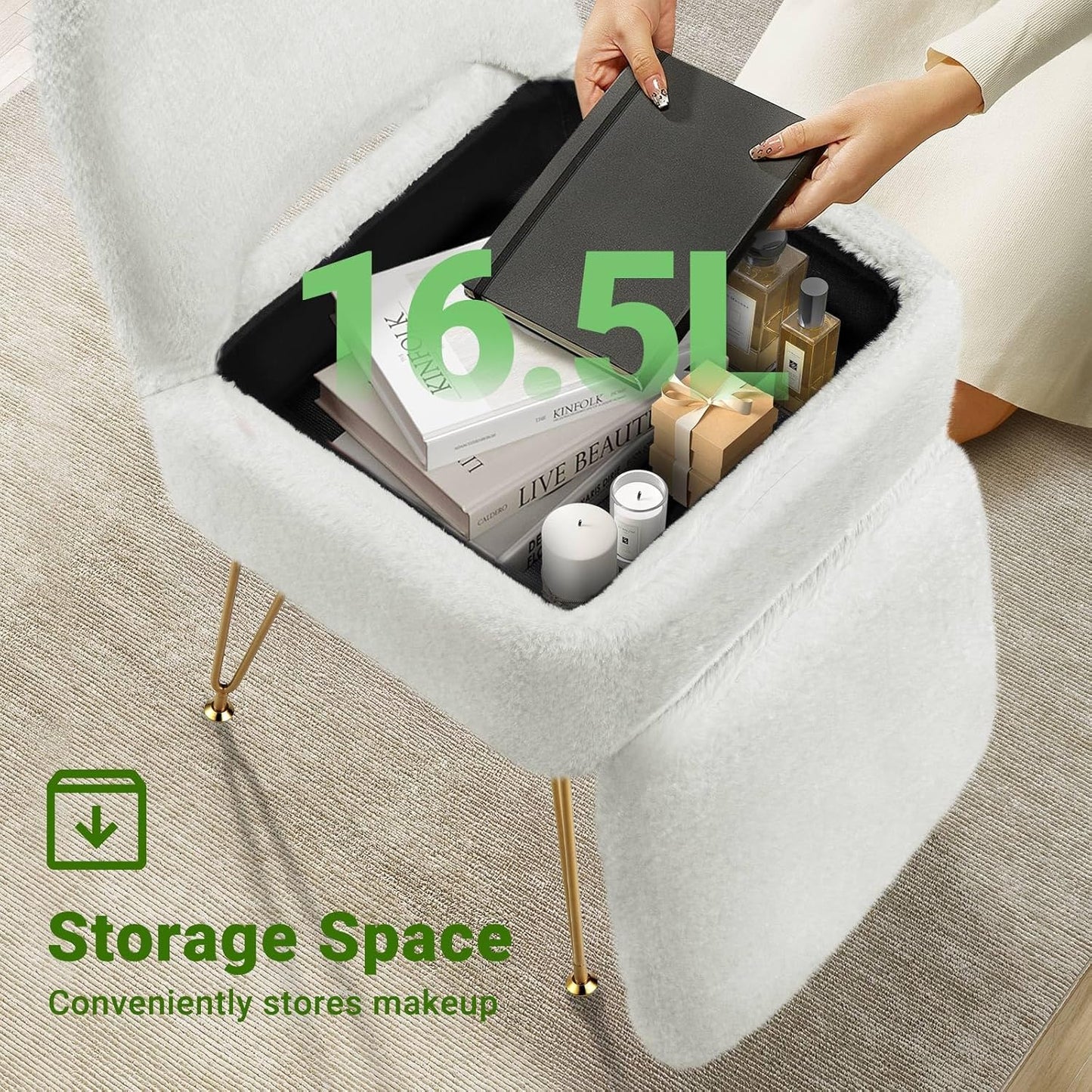 GREENSTELL Vanity Stool Chair with Storage and Folding Back, 15.8" x 16.5" x 33" Square Faux Fur Soft Ottoman, 4 Metal Legs with Anti-Slip Feet, Furry Padded Seat for Makeup, Bedroom, White