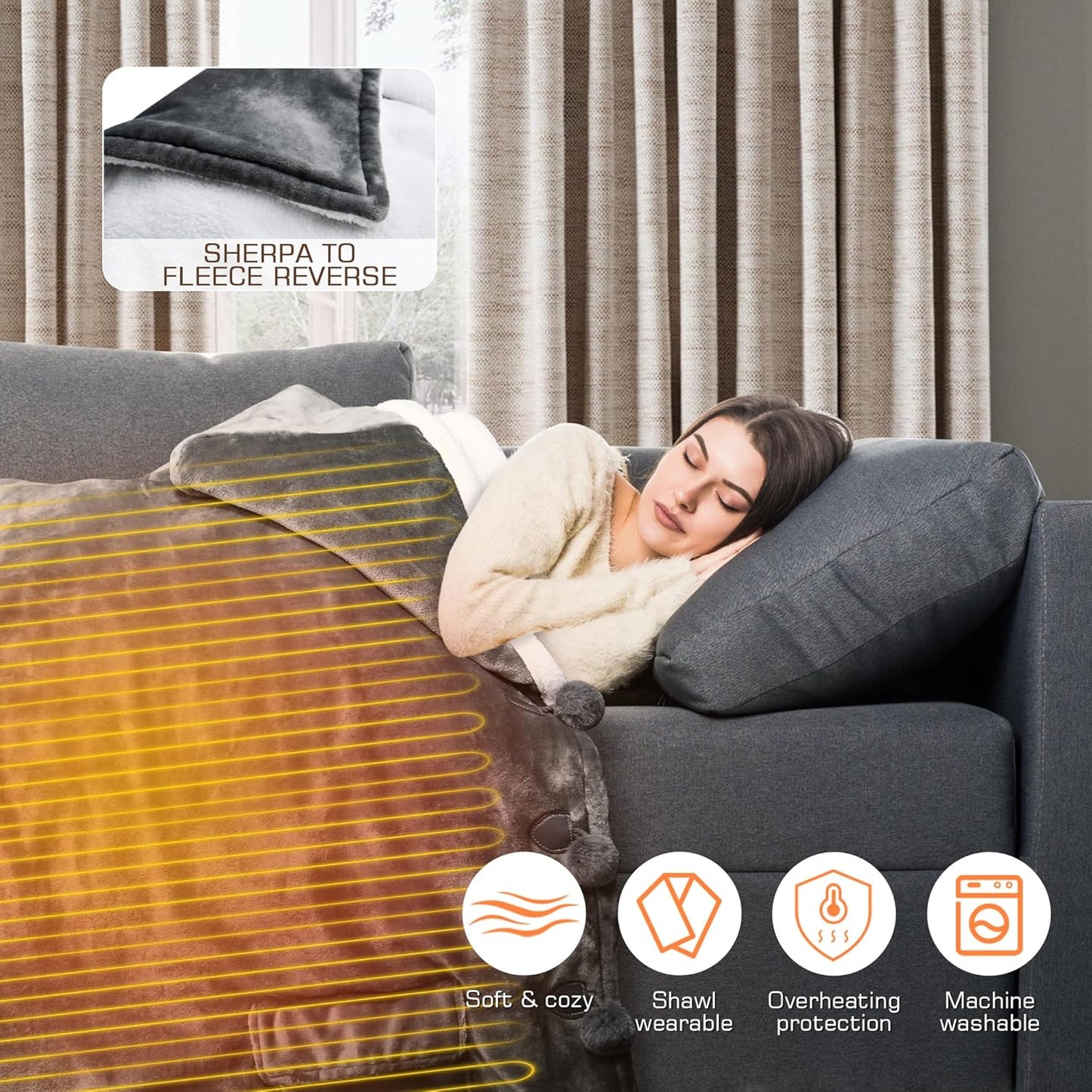 Heated Blanket Wearable Shawl, Electric Heated Wrap Poncho Shawl 50 x 70 Inch with Pockets for Adult, Warm Sherpa Heating Throw with 3 Heating Levels & Multi Time Settings