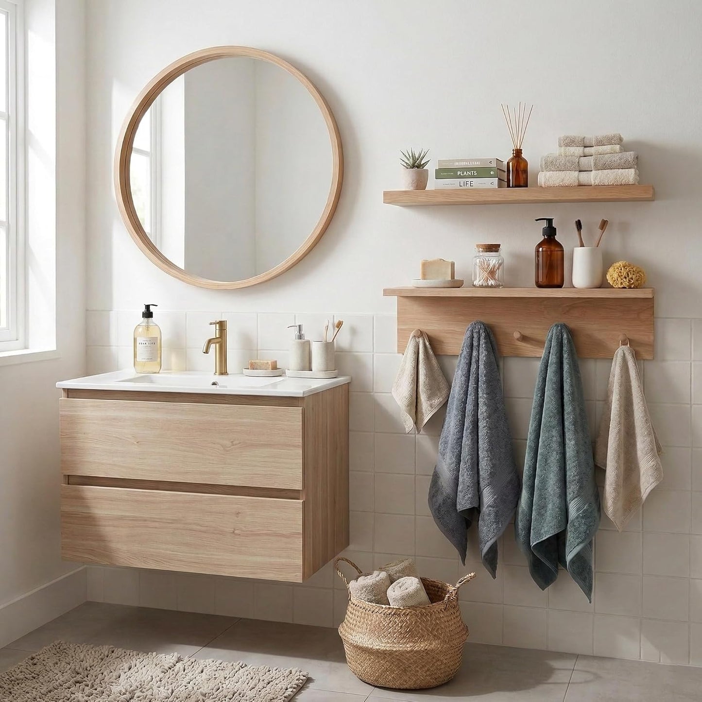 Floating Shelves Wall Mounted with Hooks Wood Coat Rack for Entryway Kitchen Bedroom Bathroom Living Room Wooden Shelf Storage Organizer for Book Photo Plant Clothes Hats Towel