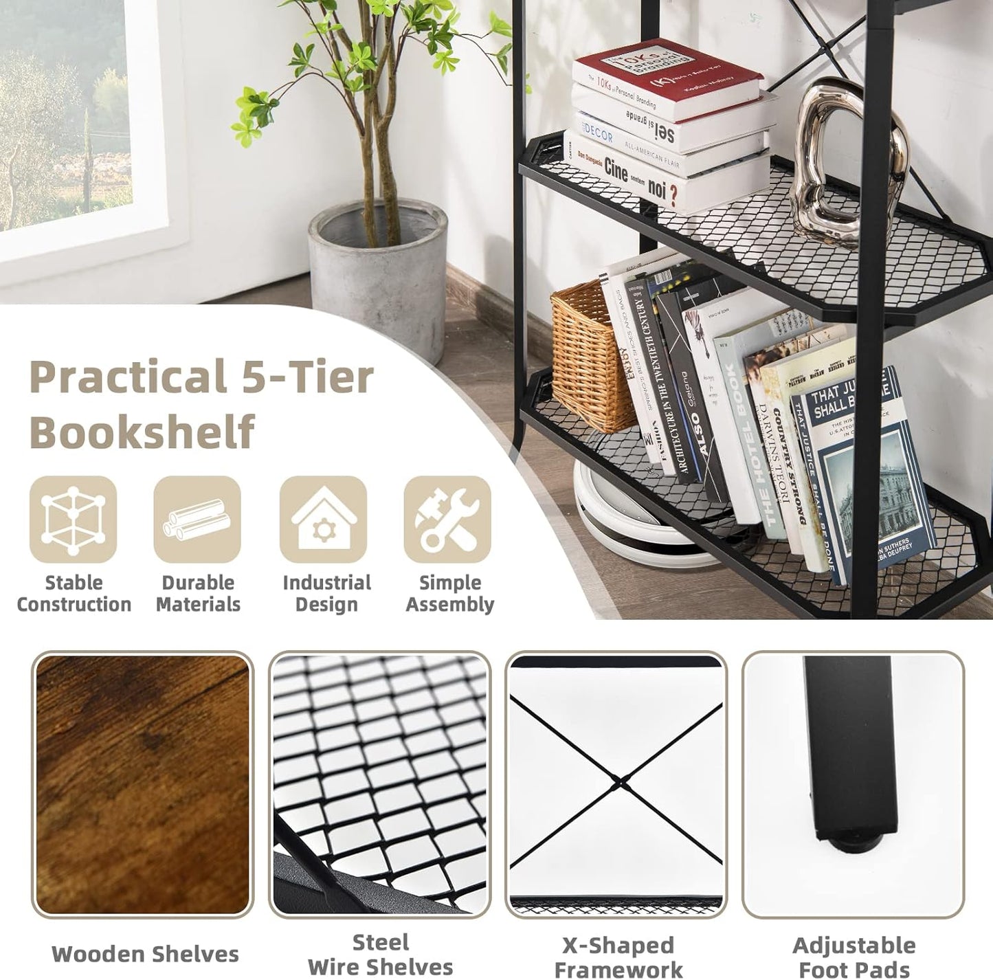 Tangkula 5 Tier Bookshelf, Freestanding Storage Shelving Unit with Steel Frame and Out-Stretched Legs, Industrial Open Display Shelf Plant Stand Organizer for Living Room Home Office
