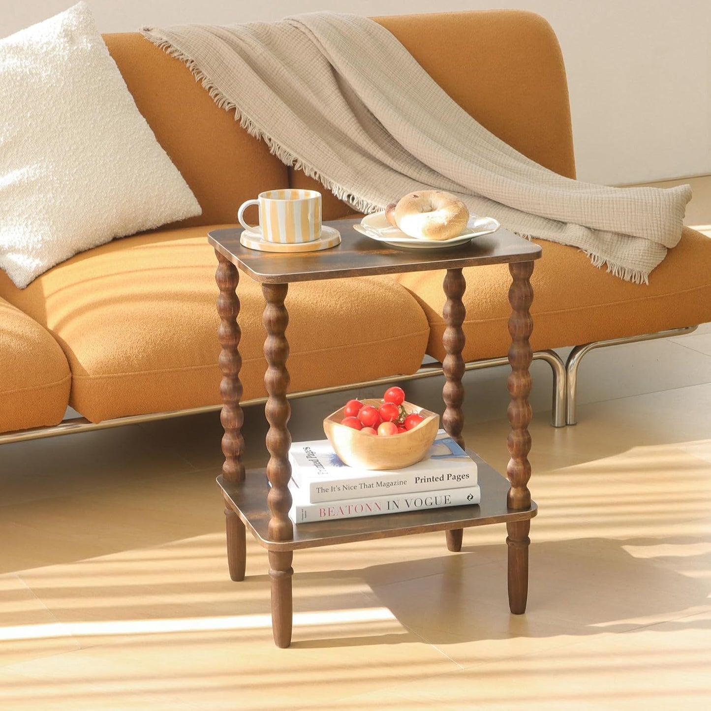 Side Table, Small End Table with Storage Shelf, 2-Tier Small Coffee Tables Living Room for Bedroom, Narrow Spaces (Rustic Brown)