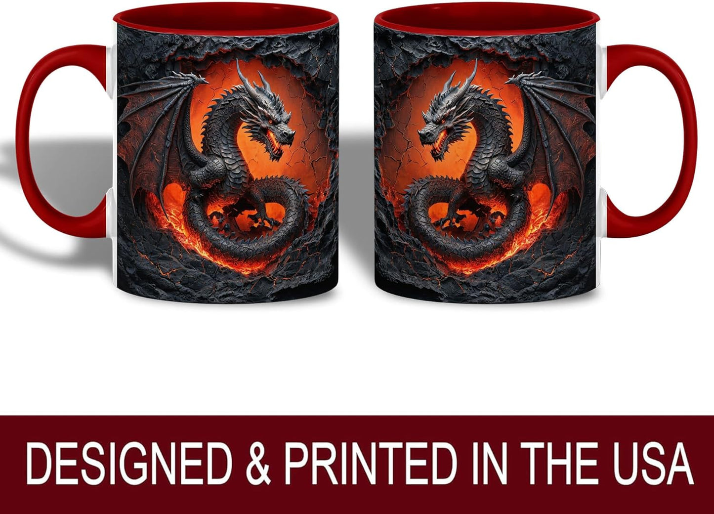 Dragon Coffee Mug, Red Handle and Interior, Fiery in Lava Cracked Design, 11oz Ceramic Cup for Fantasy Enthusiasts, Unique Gift for Men, Office, Home, Birthday, Christmas
