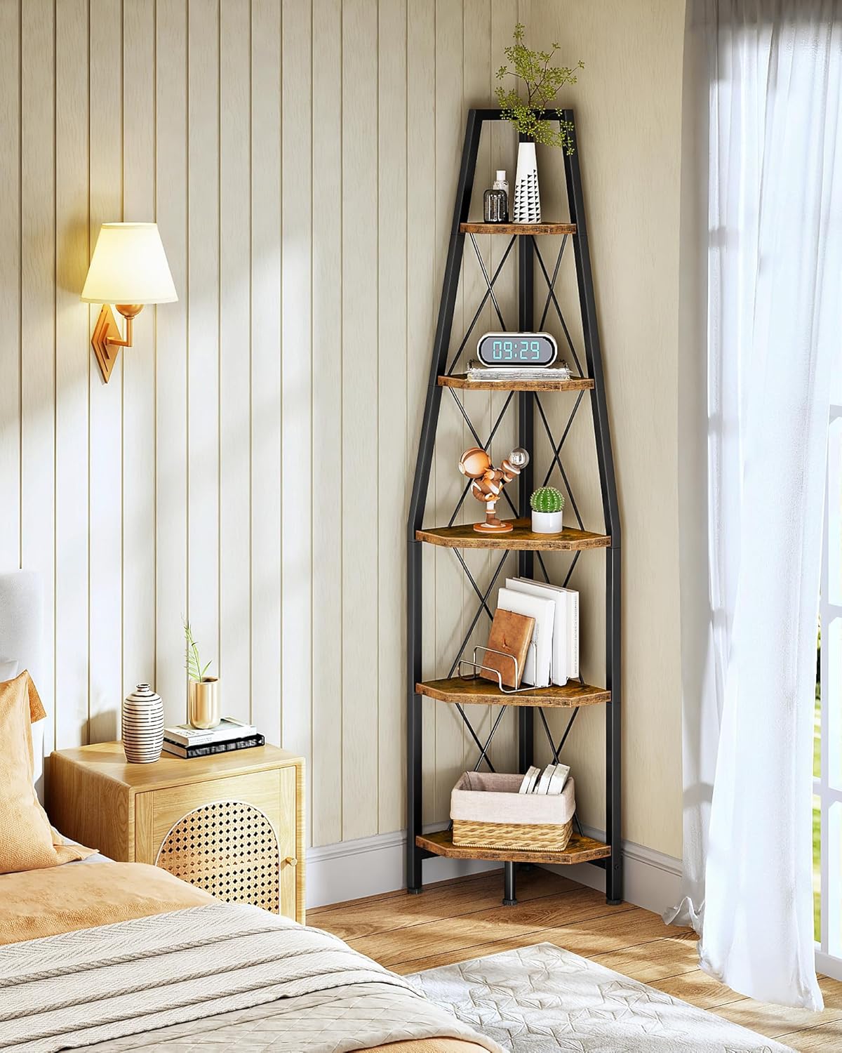 5-Tier Corner Shelf, Corner Bookshelf, Ladder Shelf, Floor Standing Storage Rack, Open Display Stand, Plant Stand, for Living Room, Bedroom, Study, Bathroom, Rustic Brown and Black TCJ22BF