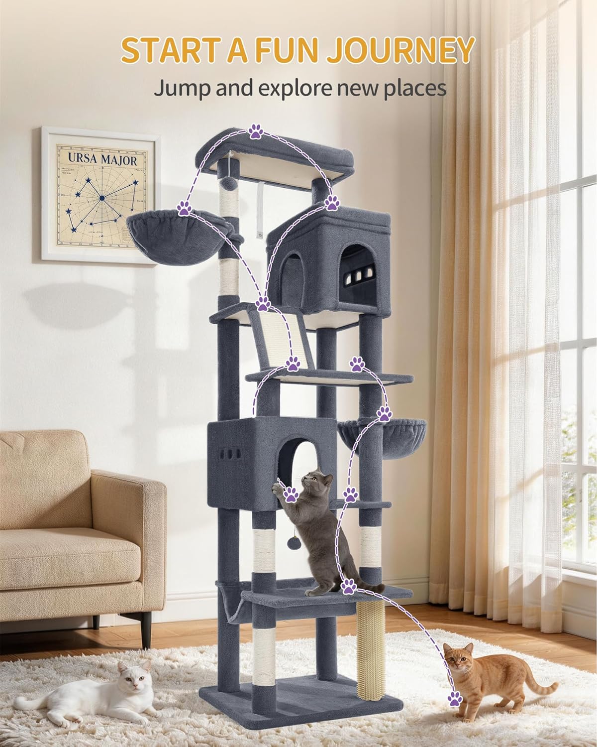 Large Sturdy Cat Tree Tower, 75 Inch Tall Pet Condo for 7 Large Cats, Cat Tree Indoor Climbing Activity Tower, 2 Large Platform/2 Cave/2 Hanging Basket/5 Scratching Post, Dark Grey MS19018SG