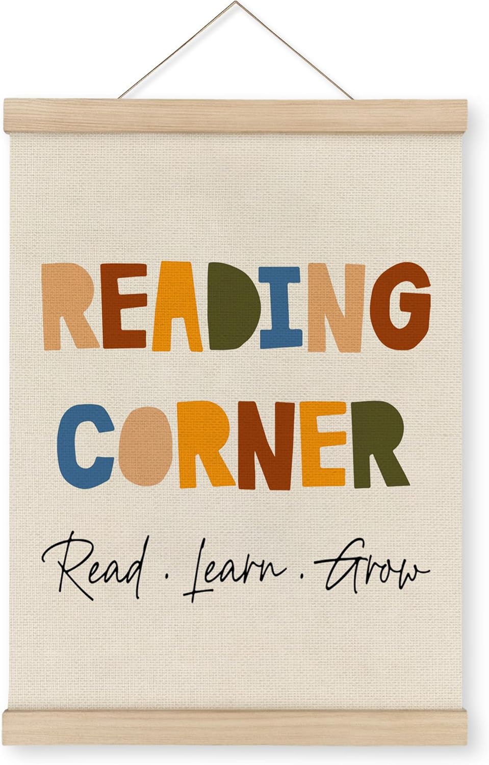 MAQIKA Reading Corner Poster Framed with Wood Hanger, Kids Reading Nook Hanging Wall Decor, Nursery Library Sign Canvas Wall Art Paint for Playroom School 12x16