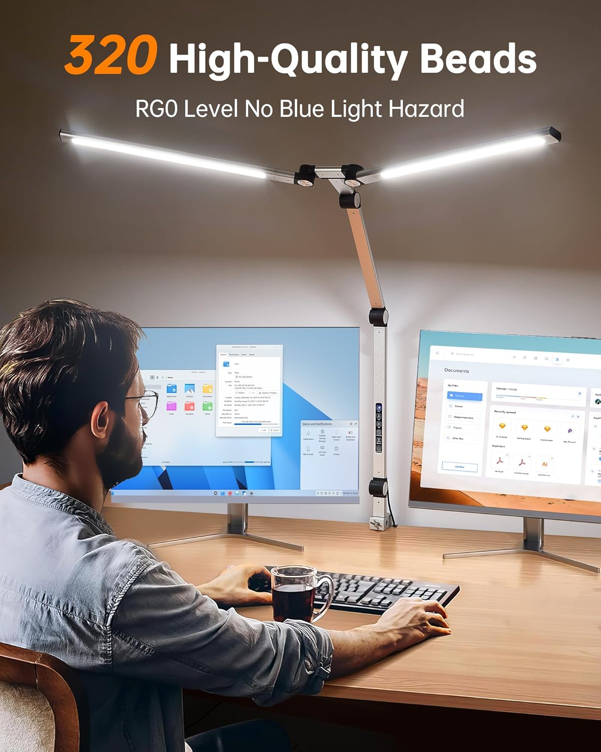 Led Desk Lamp with Clamp, Eye-Care Architect Desk Lamp for Home Office with Remote, 24W Ultra Bright Double Head Aluminum Computer Monitor Light for Reading Study Drafting, 25 Lighiting Modes