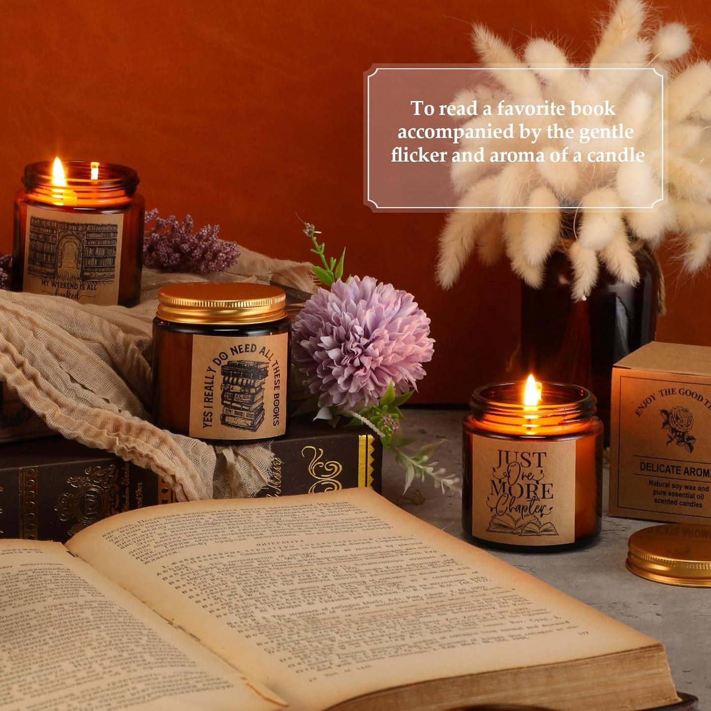 MTLEE 6 Pcs Book Lover Candle Gifts 3.5 oz Book Lovers Gifts Reading Soy Wax Scented Candle Bookish Rustic Bookshelf Jar for National Librarian Day Bookworm Readers Writer Club Teacher Appreciation
