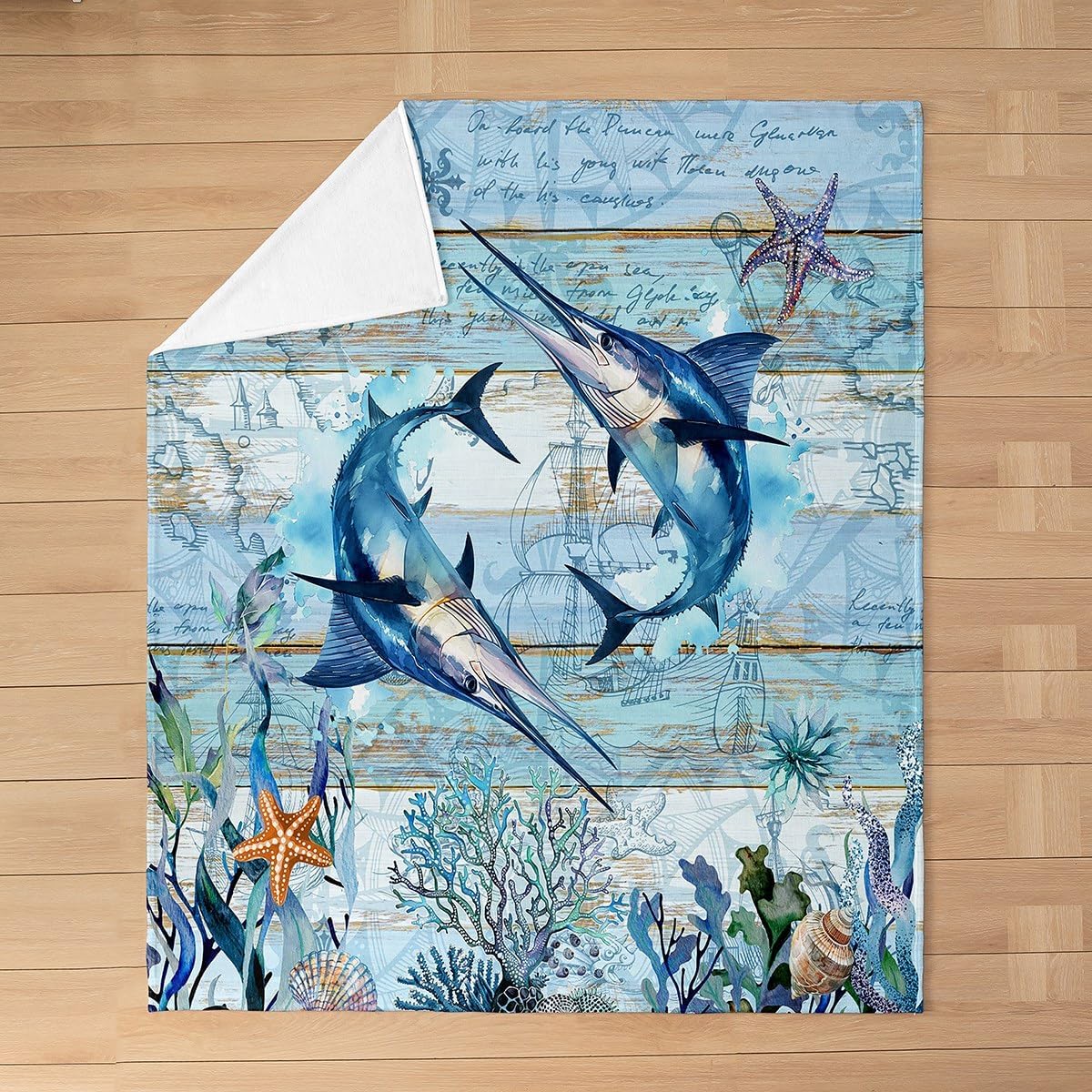 Feelyou Marlin Swordfish Flannel Fleece Throw Blanket Ocean Fish Fuzzy Blanket for Sofa Couch Kids Blue Vintage Barn Door Nautical Fishing and Hunting Plush Blanket Queen 90"x90"
