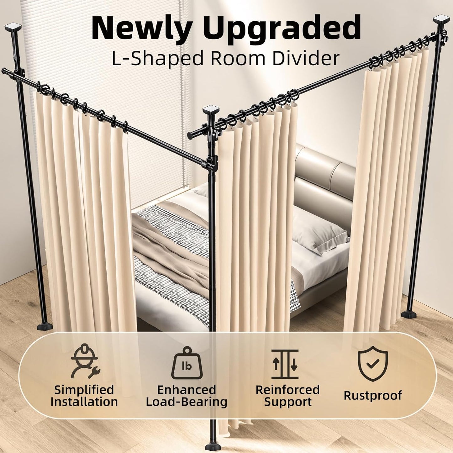 Room Divider, Tension Curtain Rod No Drilling,4-10ft(H) 28-140inch(W) Wall Divider for Room Separation, Heavy Duty Room Partition Separator, Adjustable Folding Privacy Screens,Black