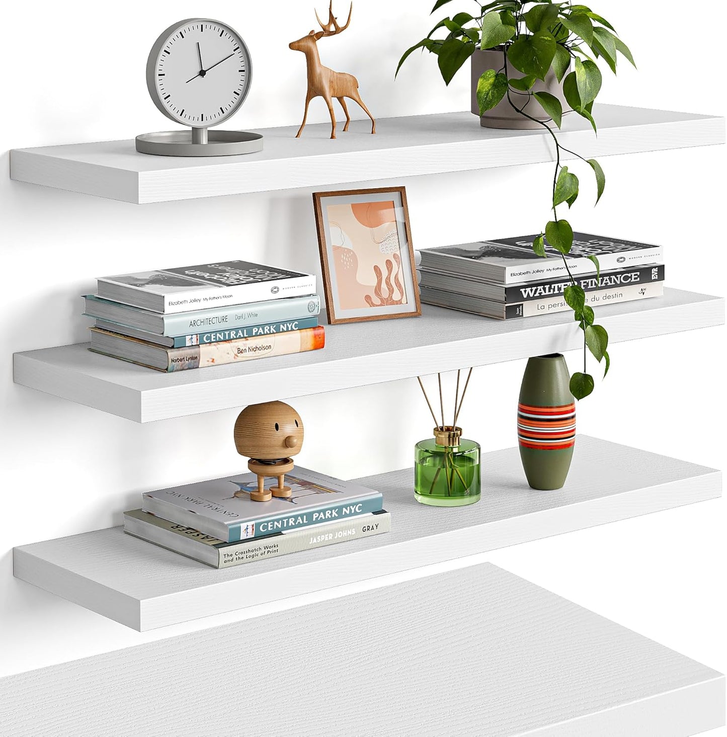 23’’White Floating Shelves for Wall,Rustic Wood Shelf for Room Decor/Storage/Display,Small Bookshelf,Wall Mounted Hanging Shelves for Bedroom, Bathroom, Living Room, Kitchen,Set of 4