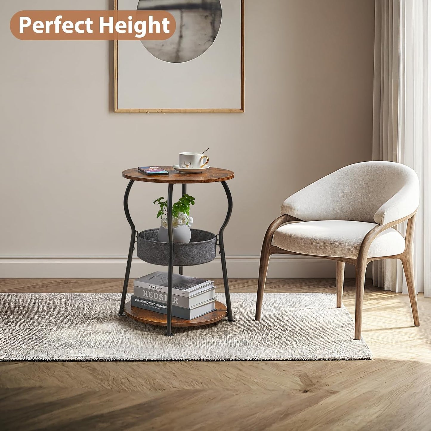 Small Round Side Table with Storage Bag, 3-Tier Accent Round End Table with Storage Shelves for Living Room, 21.6" H Vintage Small Corner Table for Smalls Spaces (D - 15.8 in Rustic Brown)