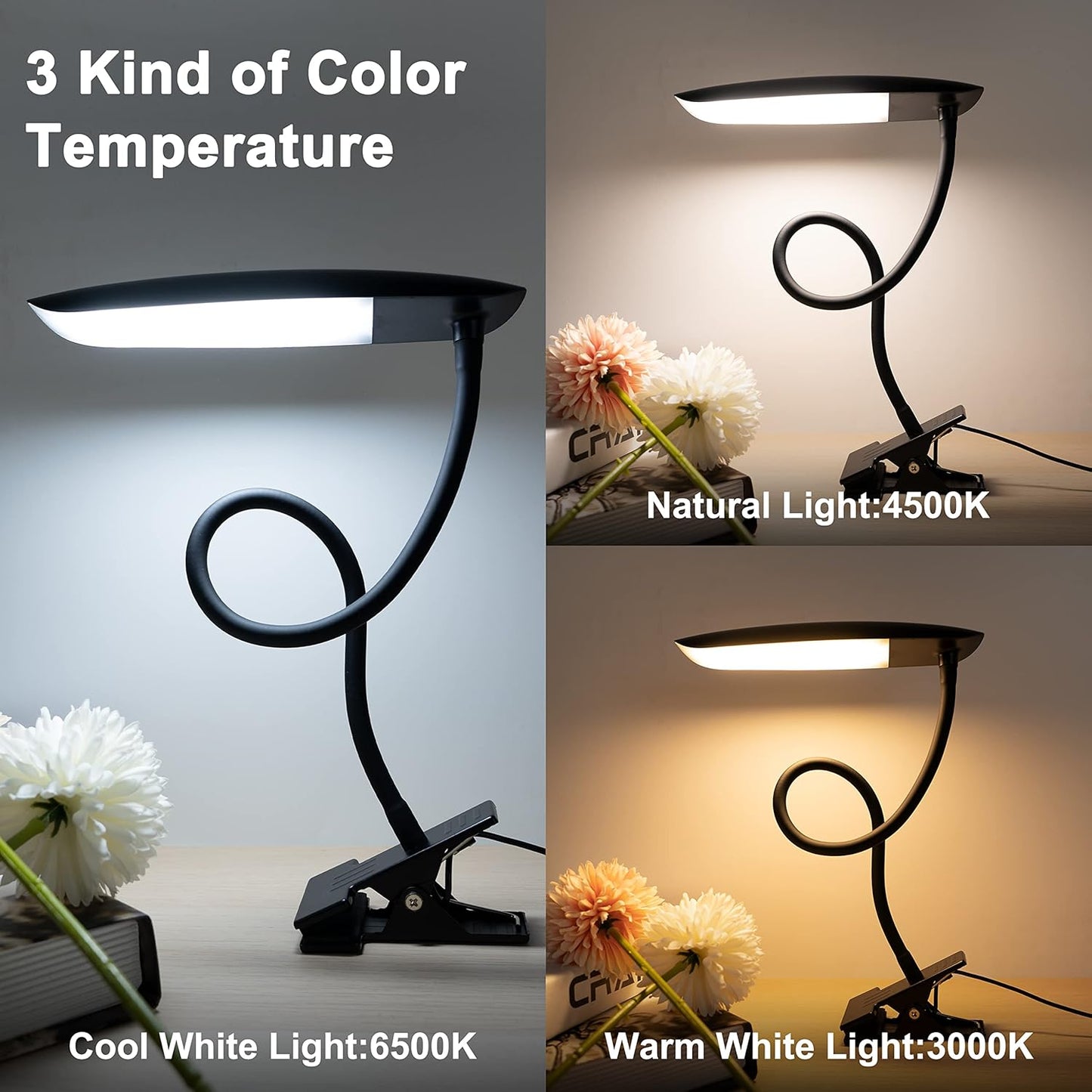 Clip on Lamp USB Reading Light 3 Color Modes 3000-6000K and 10 Brightness 8W 40 LED Flexible Gooseneck Desk Light Clip on Lamp for Desk Eye Caring Bed Lamp for Headboard (No Plug)