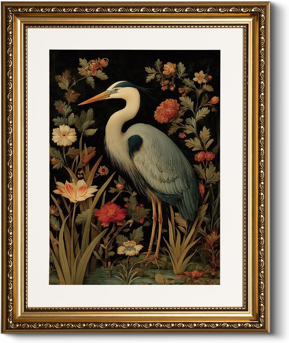 HUARCEY Vintage Botanical Bird Gold Framed Canvas Wall Art 13x16 inch, Classic Heron Floral Canvas Painting Print, Traditional Elegant Home Living Room Bedroom Farmhouse Decor