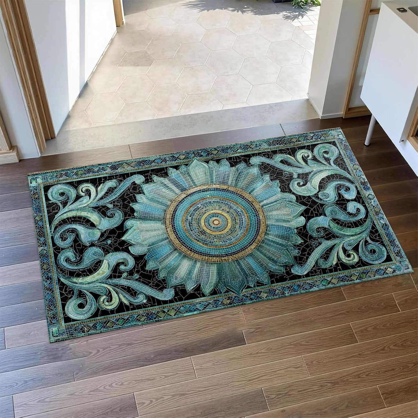 Mandala Door Mat Indoor 17x29.5 Inch Non Woven Entryway Area Rug, Blue Tile with Black Background Floor Mats, Artistic Front Doormats for Bathroom Kitchen Bedroom Home Doormat Decor Gifts