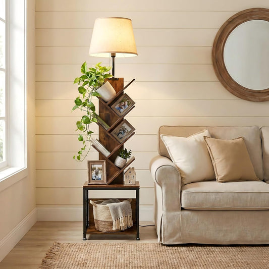 3in1 Tree Bookshelf Floor Lamp W/ Storage Cabinet, 62" Tall Reading Light with Unique Oval Fabric Shade & 8-Tier Book Organizer, Modern Standing Lamp for Living Room, Bedroom, Office (Rustic Brown)