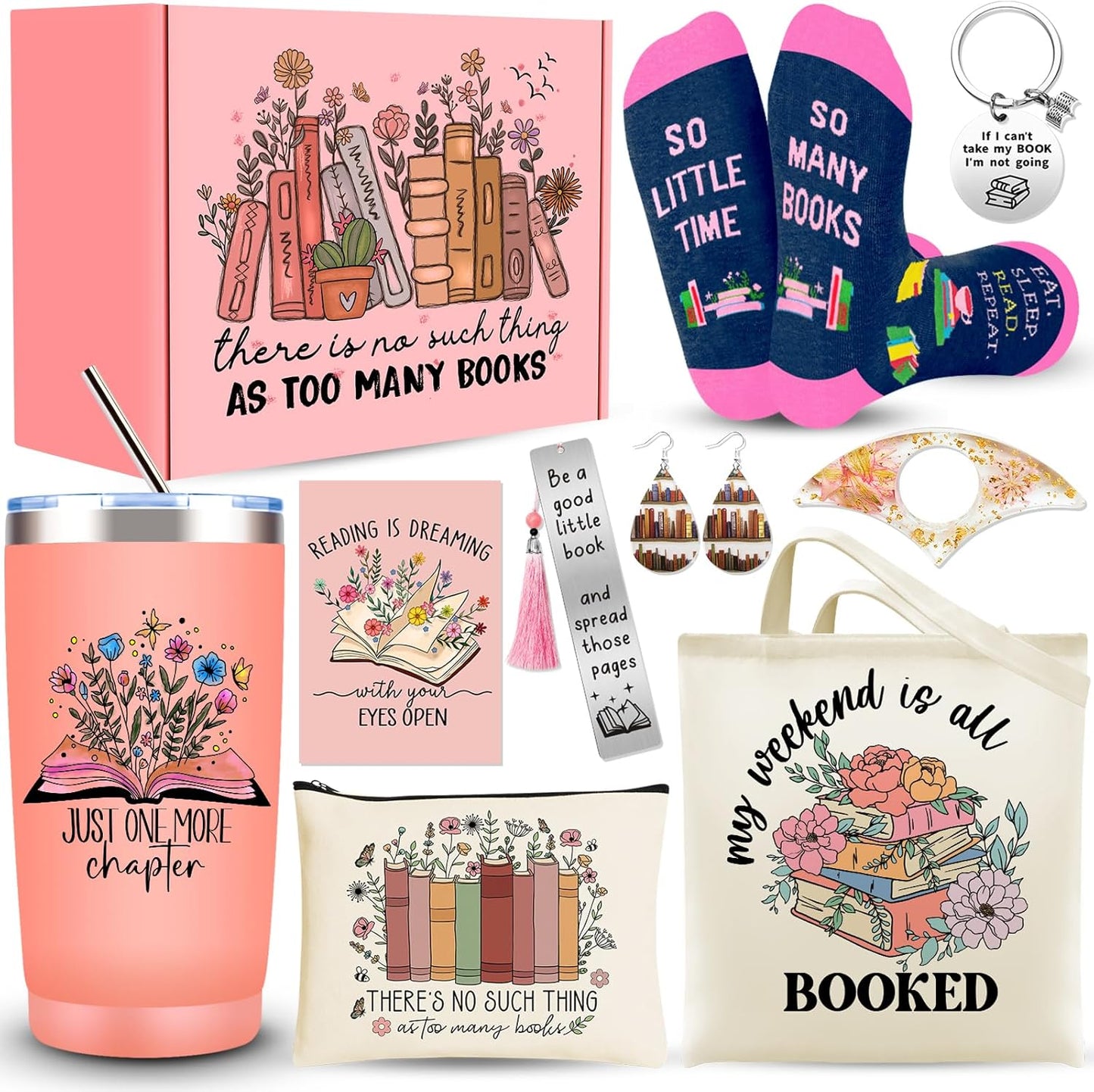 Book Lover Gifts for Women, Bookish Gifts with 20 Oz Tumbler Socks Tote Bag Makeup Bag Page Holder Bookmark Keychain Earrings