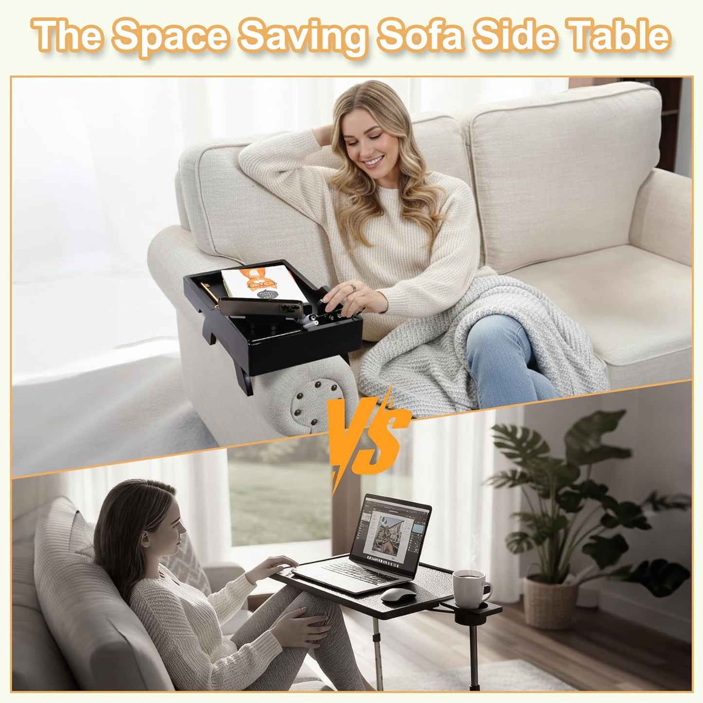 Sofa Arm Tray Table, 4-in-1 Large Couch Armrest Table with Cup Holder & Rotating Phone Bracket, 15.3" x 9.8" Clip-on Couch Tray, for Snacks/Remote Control/Coffee Cup/Mobile Phone