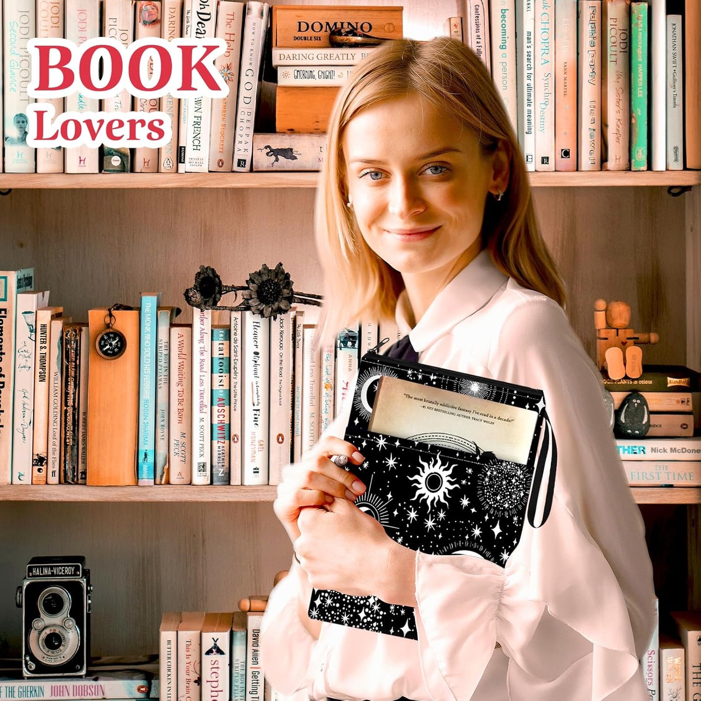 Slohif Book Sleeve Pouch Book Cover Protector with Zipper Black Book Beau Booksleeve Pouches for Paperback HardBook Cover Reading Accessories Item for Students Women Readers(Sun Moon)