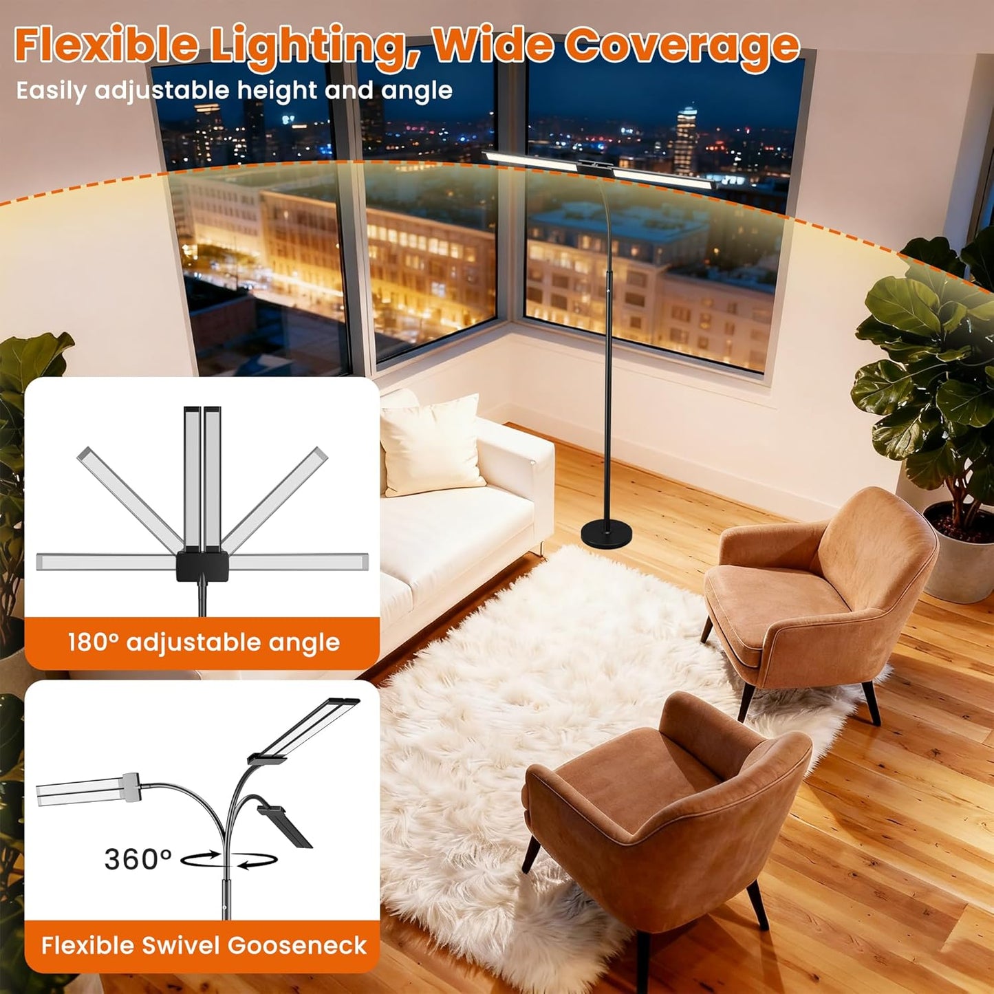 Cordless Floor Lamp LED Rechargeable - 15W Dual Head Adjustable Gooseneck Reading Light, 8000mAh Battery, Touch Control IP54 Waterproof, for Living Room, Bedroom & Emergency Lighting