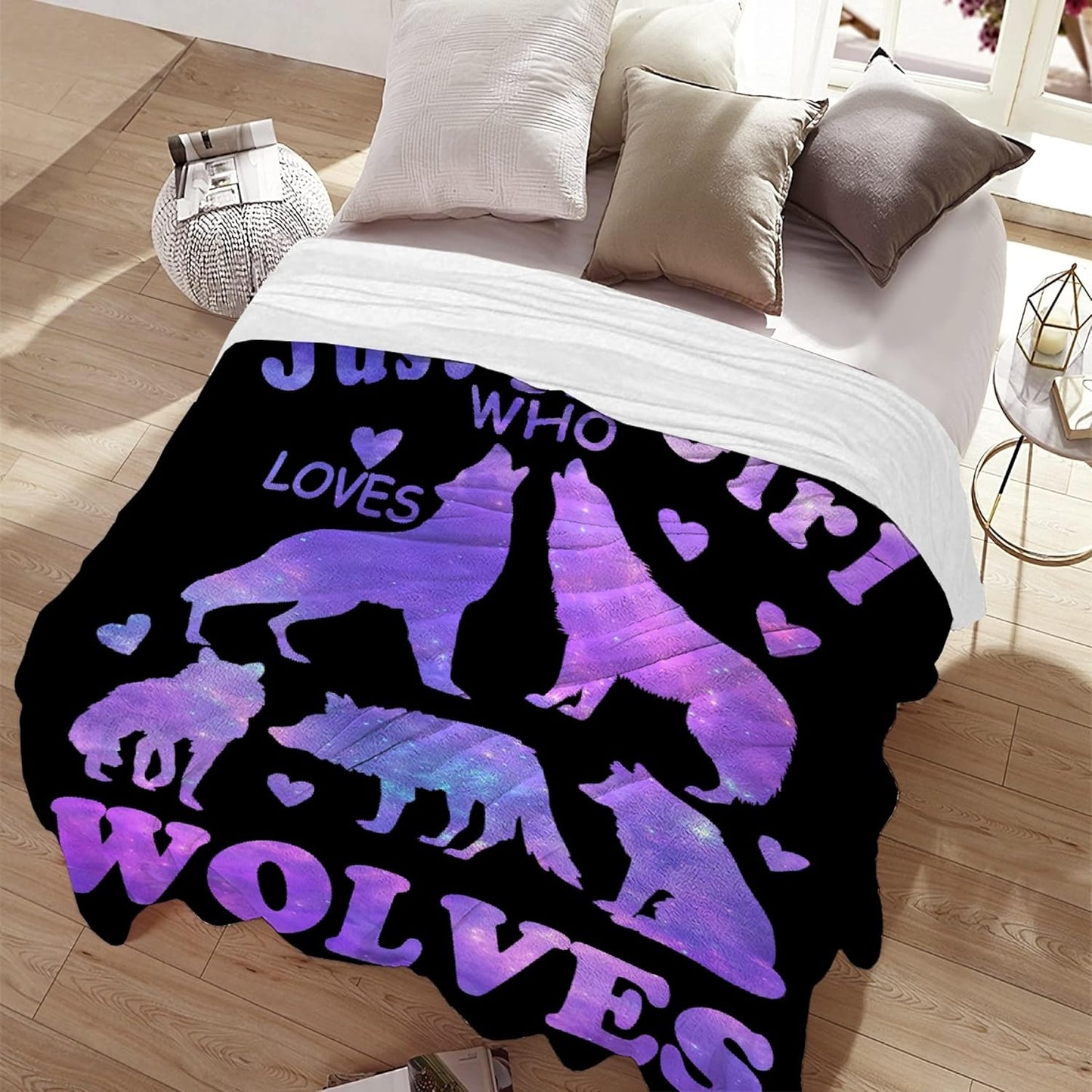 Wolf Blanket Stuffed Just Girl Who Loves Wolves Plush Gift for Kid Women Toddler Fleece Throw Cute Purple Animal Lover Lightweight Sheet Super Soft Flannel Blankets Decor Bed Chair Sofa-80"x60" Large