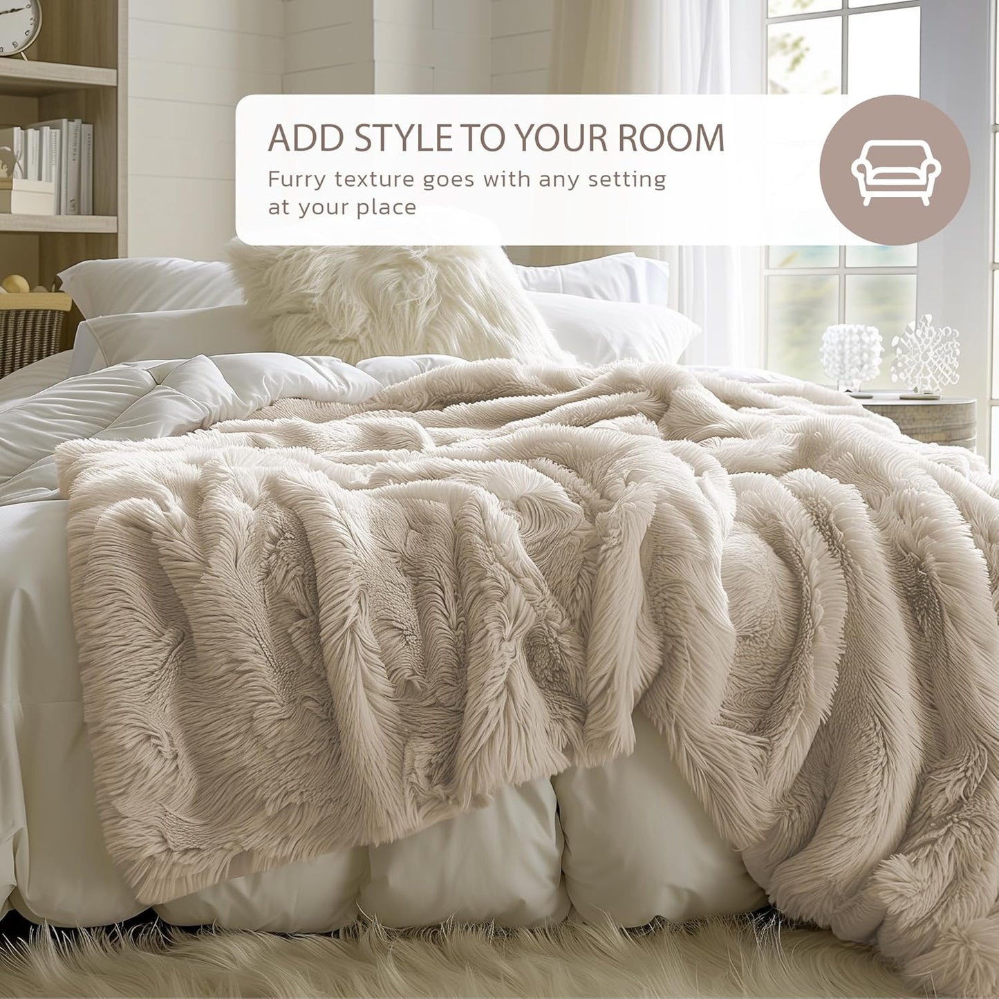 Hyde Lane Fluffy Cute Throw Blankets for Couch Sofa, 2 Way Reversible Ultra Soft Long Faux Fur, Shaggy Cozy Fuzzy Blanket Beige/Khaki, 60x80