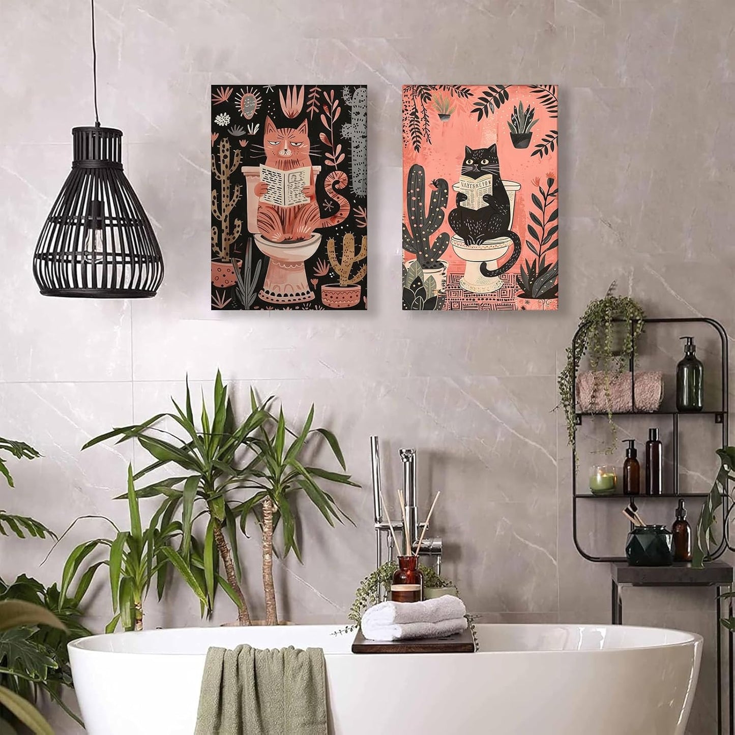 2Pcs Funny Cat Bathroom Wall Art Pink Cute Pets Canvas Wall Decor Cat Reading Newspaper On The Toilet Posters Picture Cactus Prints Animals Plants Trendy Painting for Bathroom Decoration 12x16in