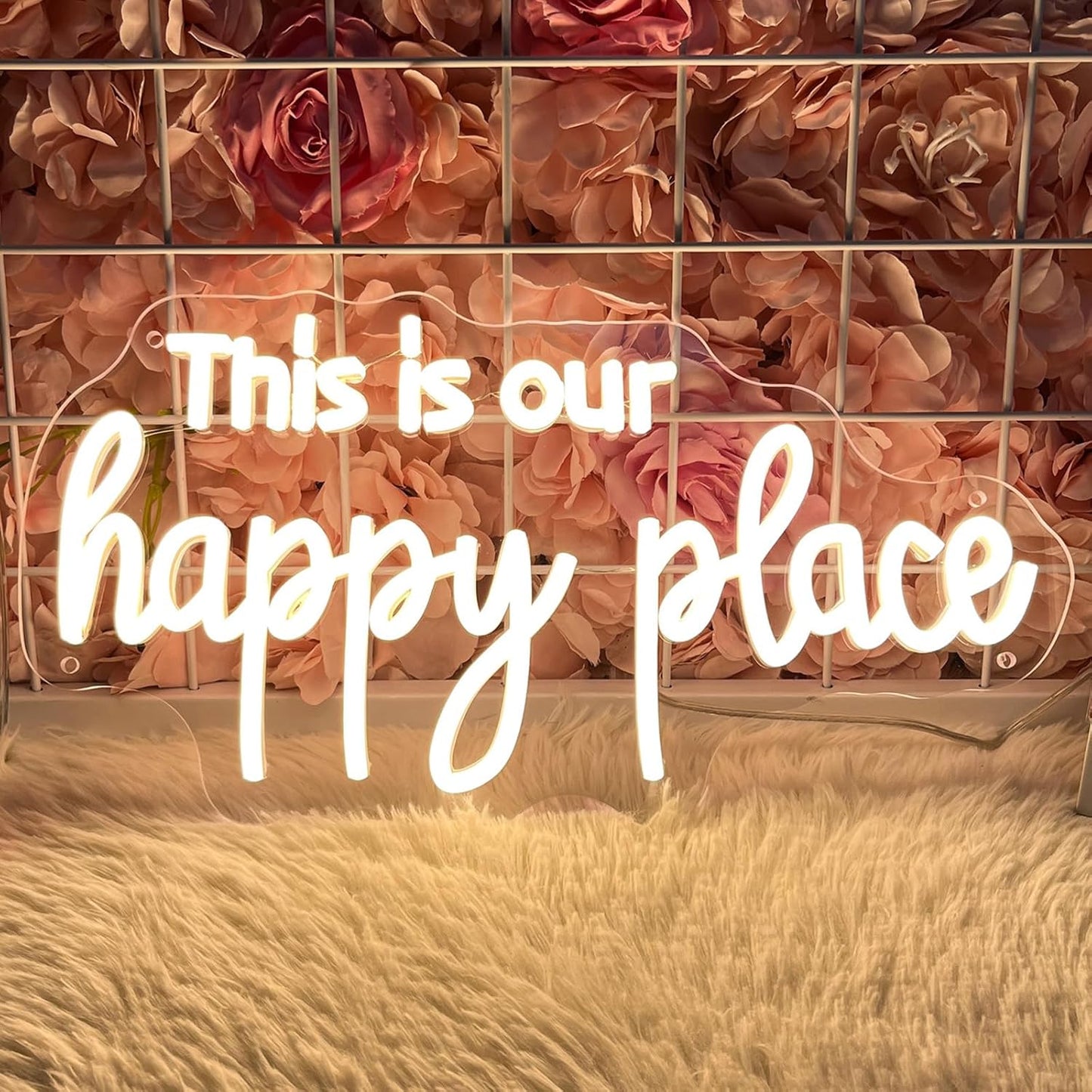 This is Our Happy Place Neon Sign Happy Place Neon Signs for Wall Decor Dimmable Warm White LED Signs for Bedroom Classroom Man Cave Home Bar Birthday Party Decor Neon Classroom Sign