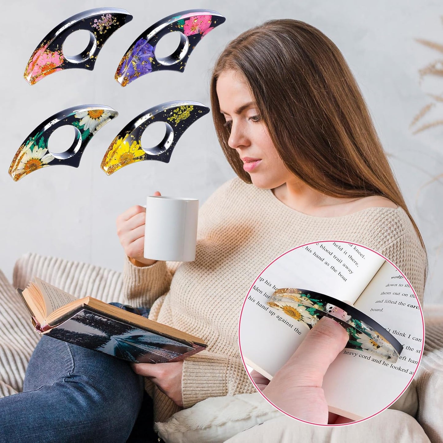 Cobee 4 Pcs Dried Flower Page Holders, Handcraft Thumb Ring Resin Bookmarks, Floral Opener Cute Reading Accessories Gift for Book Lovers
