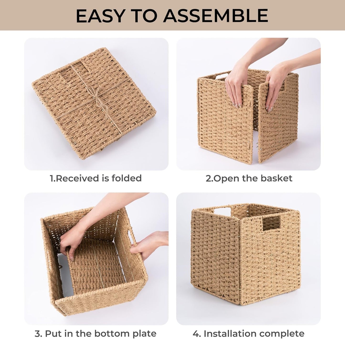 StorageWorks 11 inch Wicker Baskets, Handwoven Storage Cubes with Handles, Foldable Paper Rope Basket for Organizing, Natural, 2 Pack