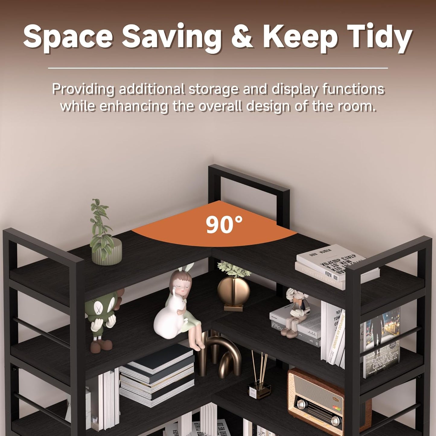 7-Tier Corner Bookshelf, Reversible Wooden Shelves, Industrial Bookcase with Open Shelves and Sturdy Metal Frame, Display Shelf Storage Rack for Living Room, Bedroom, Home Office (Black)