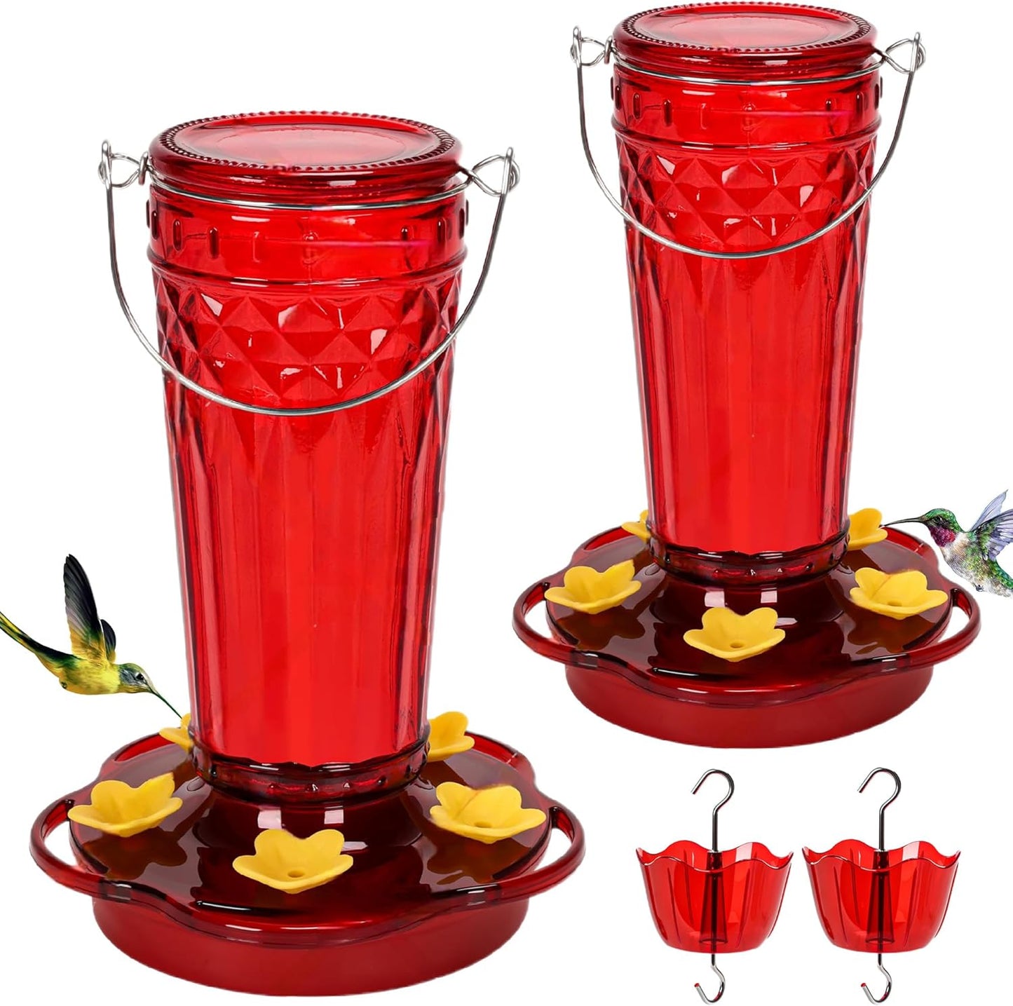 Glass Hummingbird feeders for Outdoors 2pack-14Ounces，5 Feeding Ports Hummingbird Feeder,Wide Mouth for Easy Filling/Cleaning，Hanging for Garden Backyard Decor, Includes Ant Moat (Red)