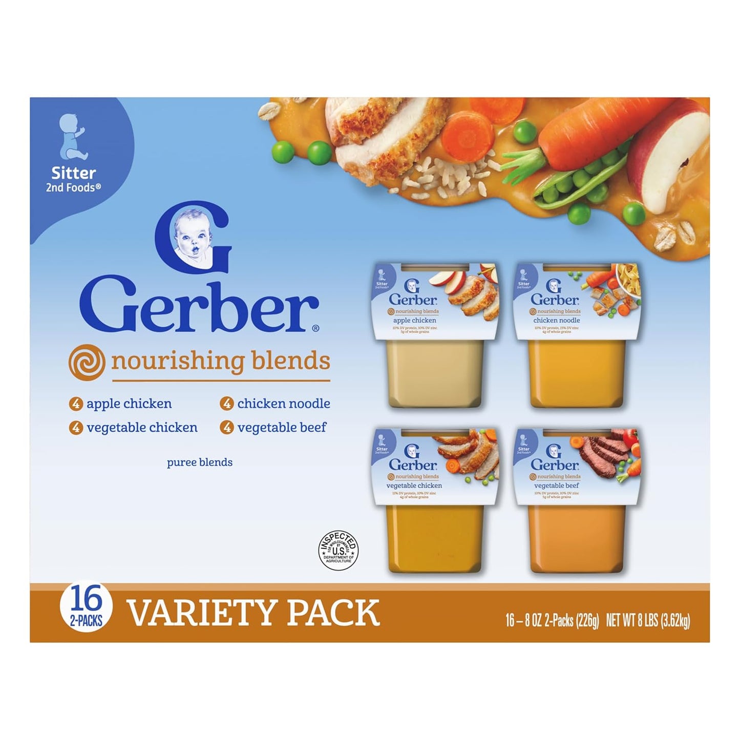 Gerber Stage 2 Baby Food, Nourishing Blends Tubs, Baby Puree, Variety Pack, 32PK
