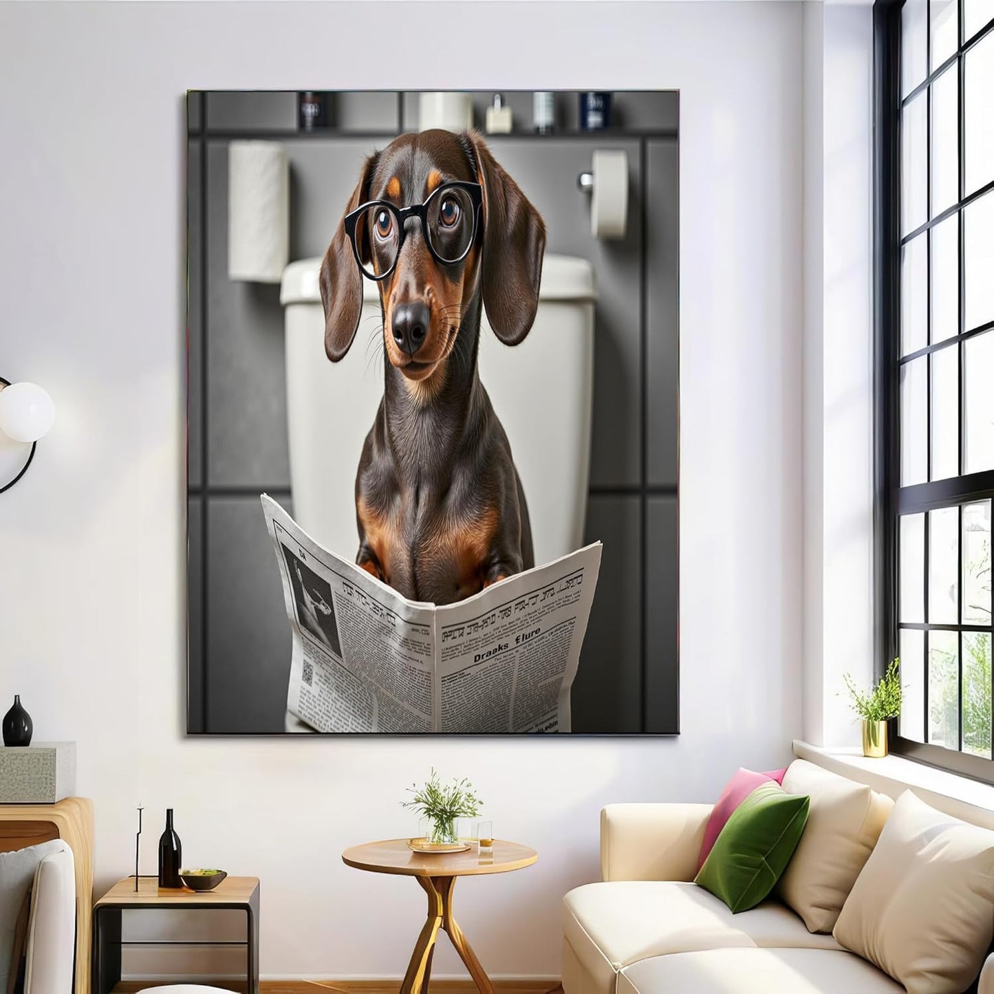 Humorous Animal Canvas Wall Art, Dachshund Sitting On The Toilet Reading The Newspaper Poster Print For Bathroom Living Room Decor 24 X 36 Inch Unframed