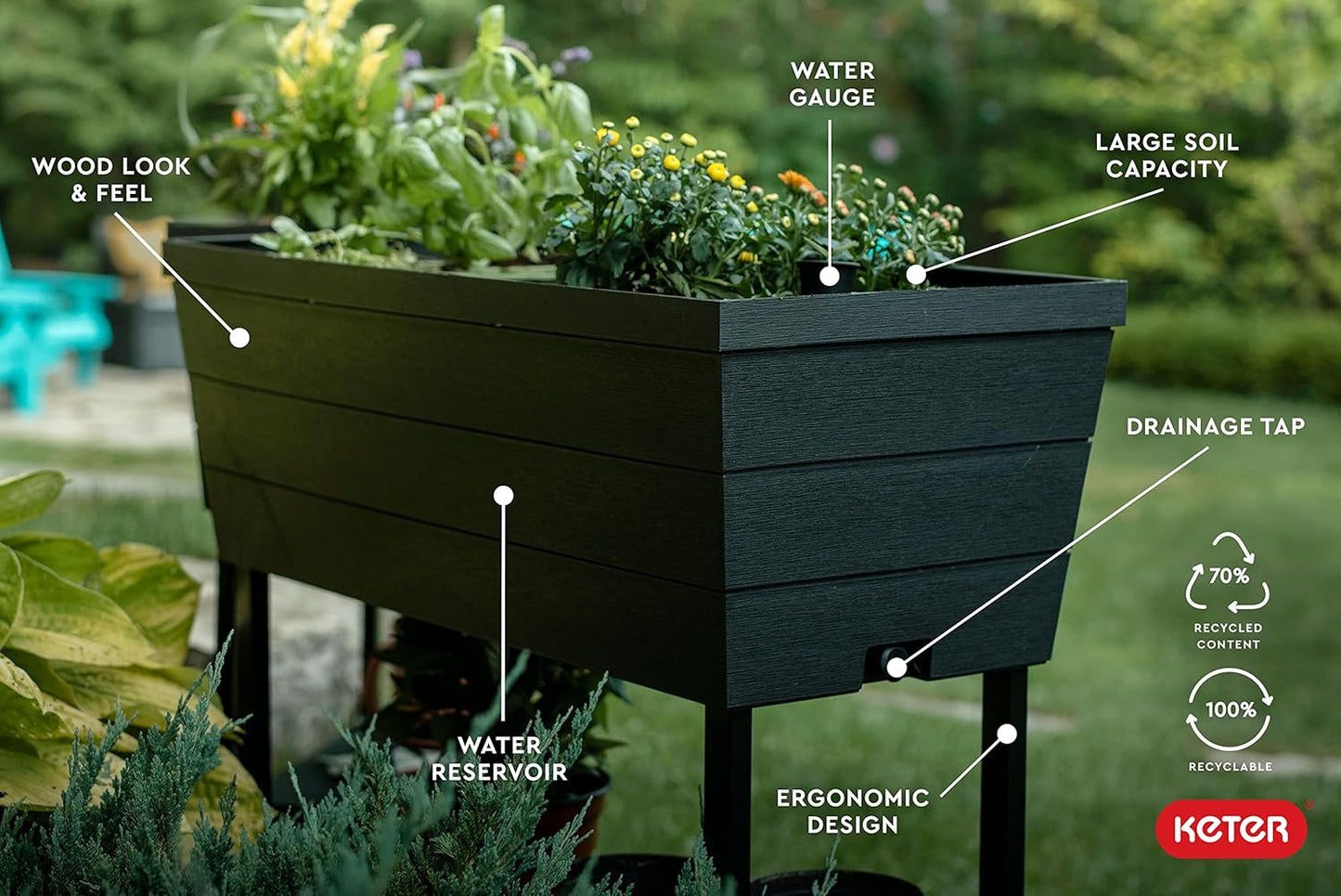 Keter Urban Bloomer 12.7‑Gallon Raised Garden Bed – Elevated Outdoor Planter Box with Self‑Watering Reservoir, Water Gauge & Drainage System, Perfect for Herbs & Vegetables, Dark Grey